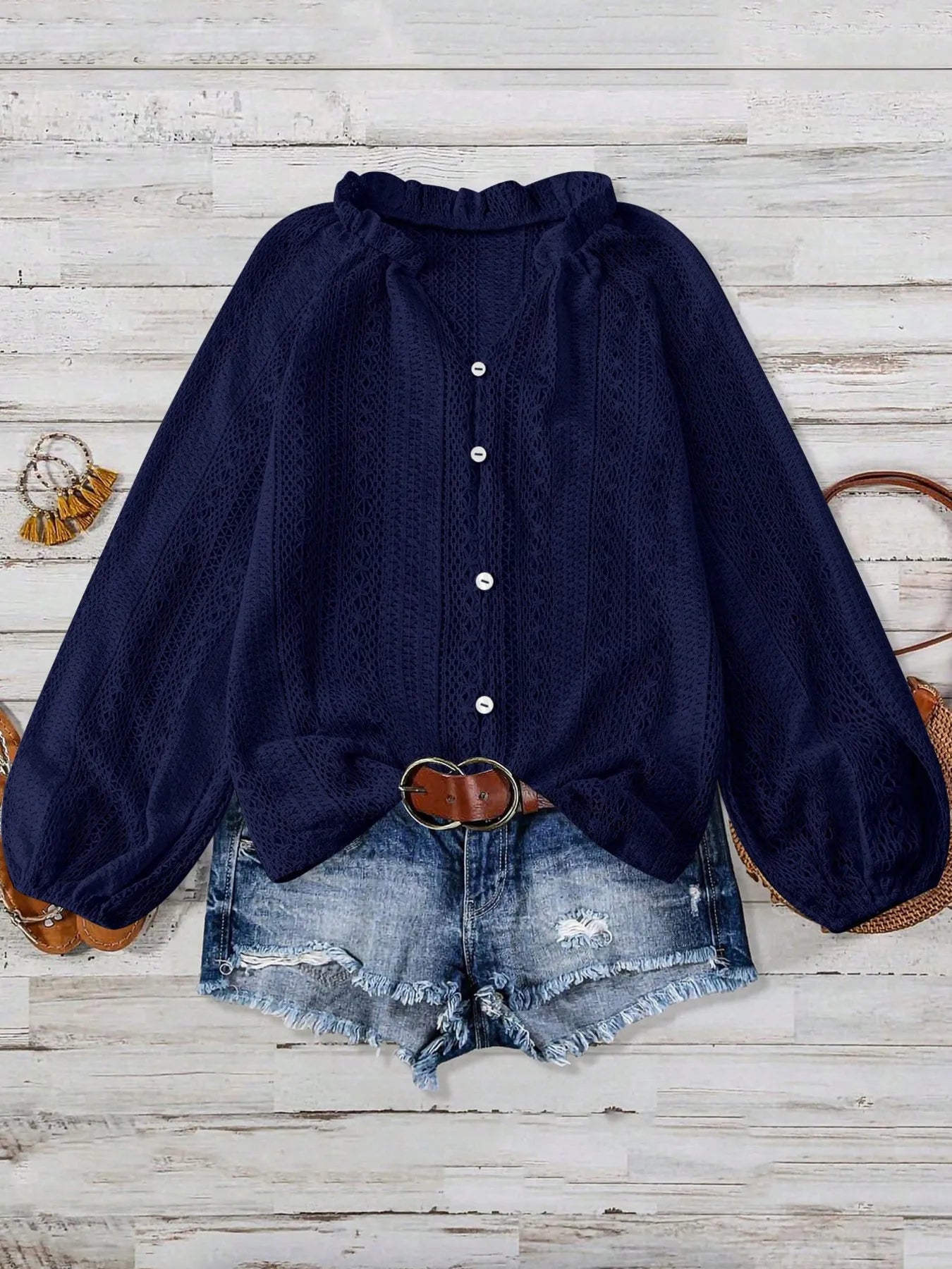 Crochet Notched Button-Front Shirt -  Be Bliss Boutique