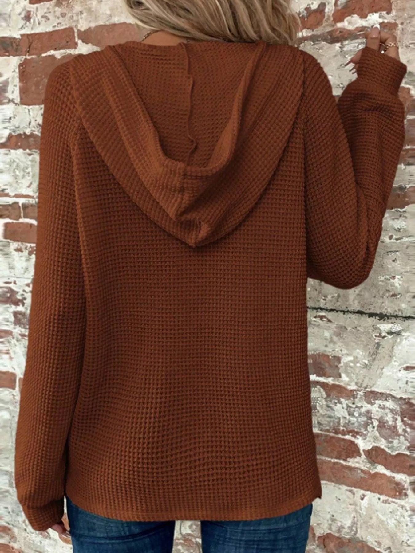 Casual Waffle Knit Button Detail Hoodie - Be Bliss Boutique