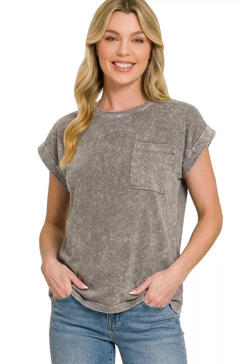 Zenana Halo Snow Washed Cuffed Short Sleeve Shirt - Be Bliss Boutique