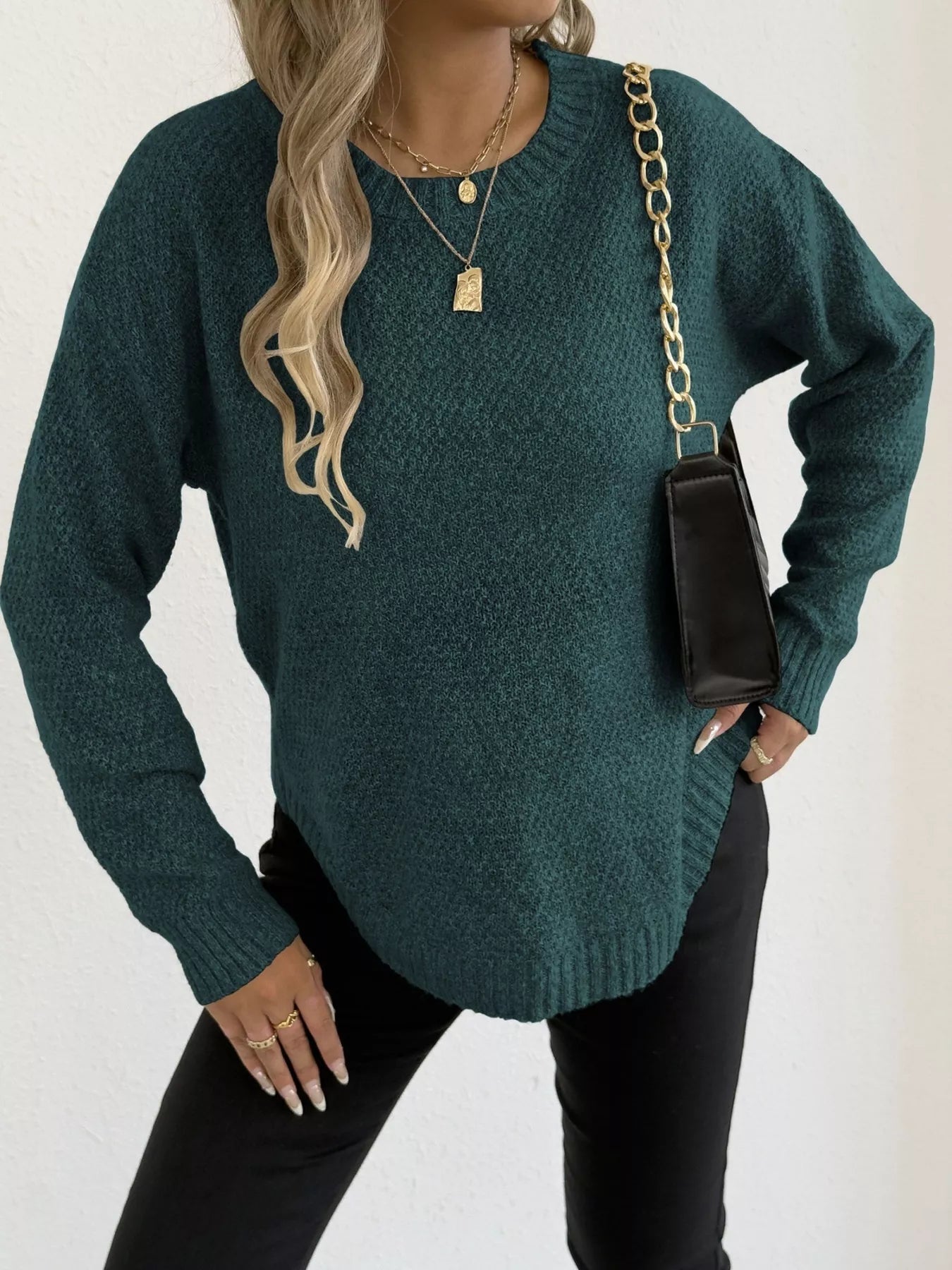 Textured Knit Relaxed Fit Round Neck Sweater - Be Bliss Boutique