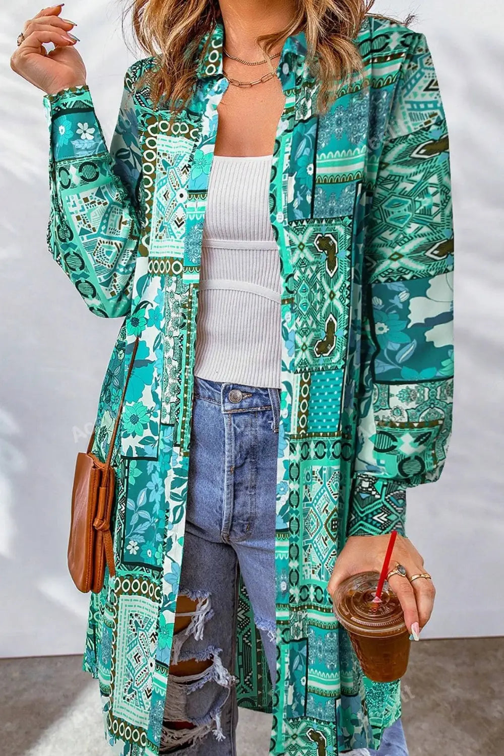 Printed Button Up Long Sleeve Cardigan - Be Bliss Boutique