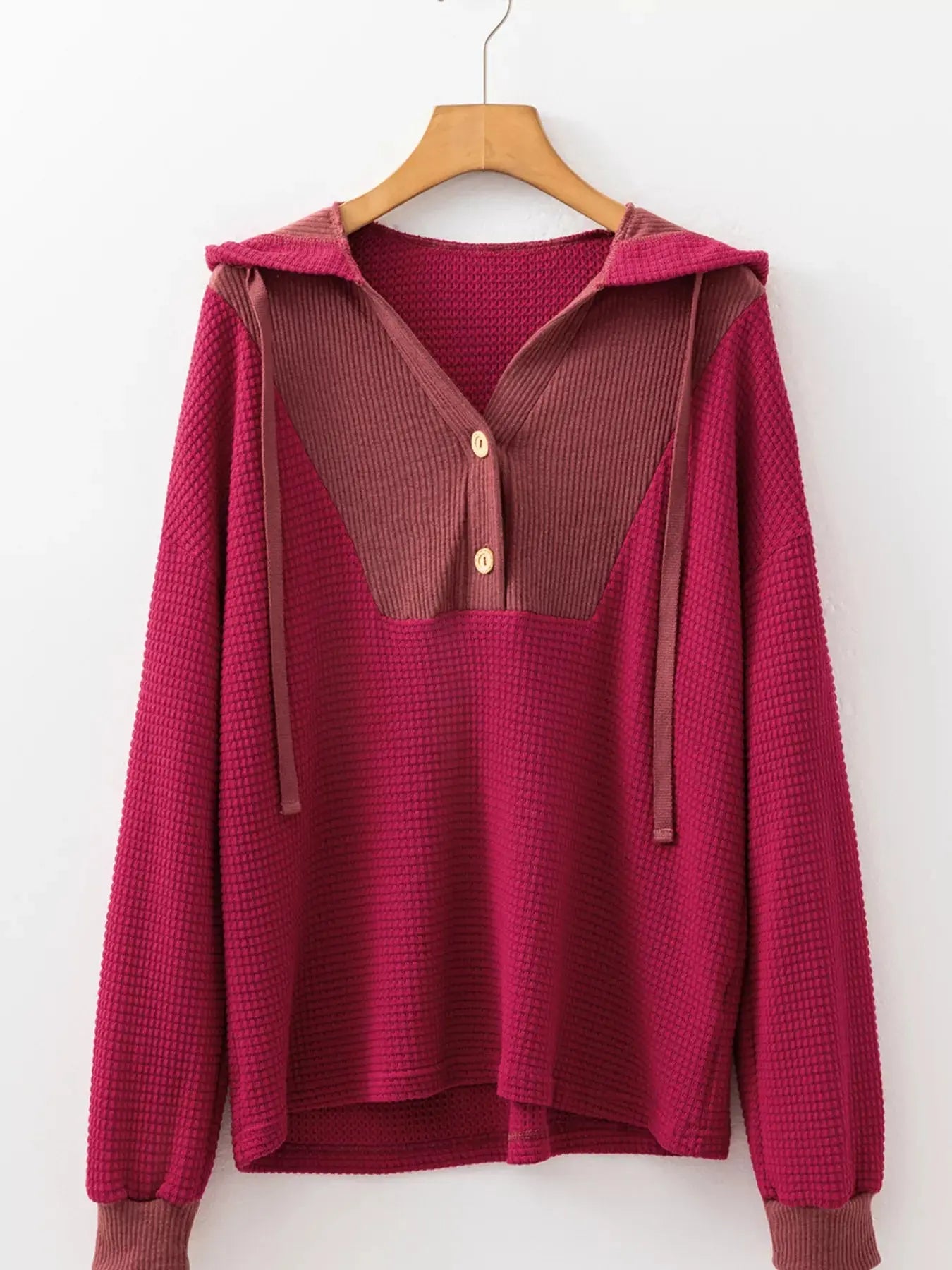 Cozy Contrast Waffle Knit Henley Sweatshirt with Button Detail - Be Bliss Boutique