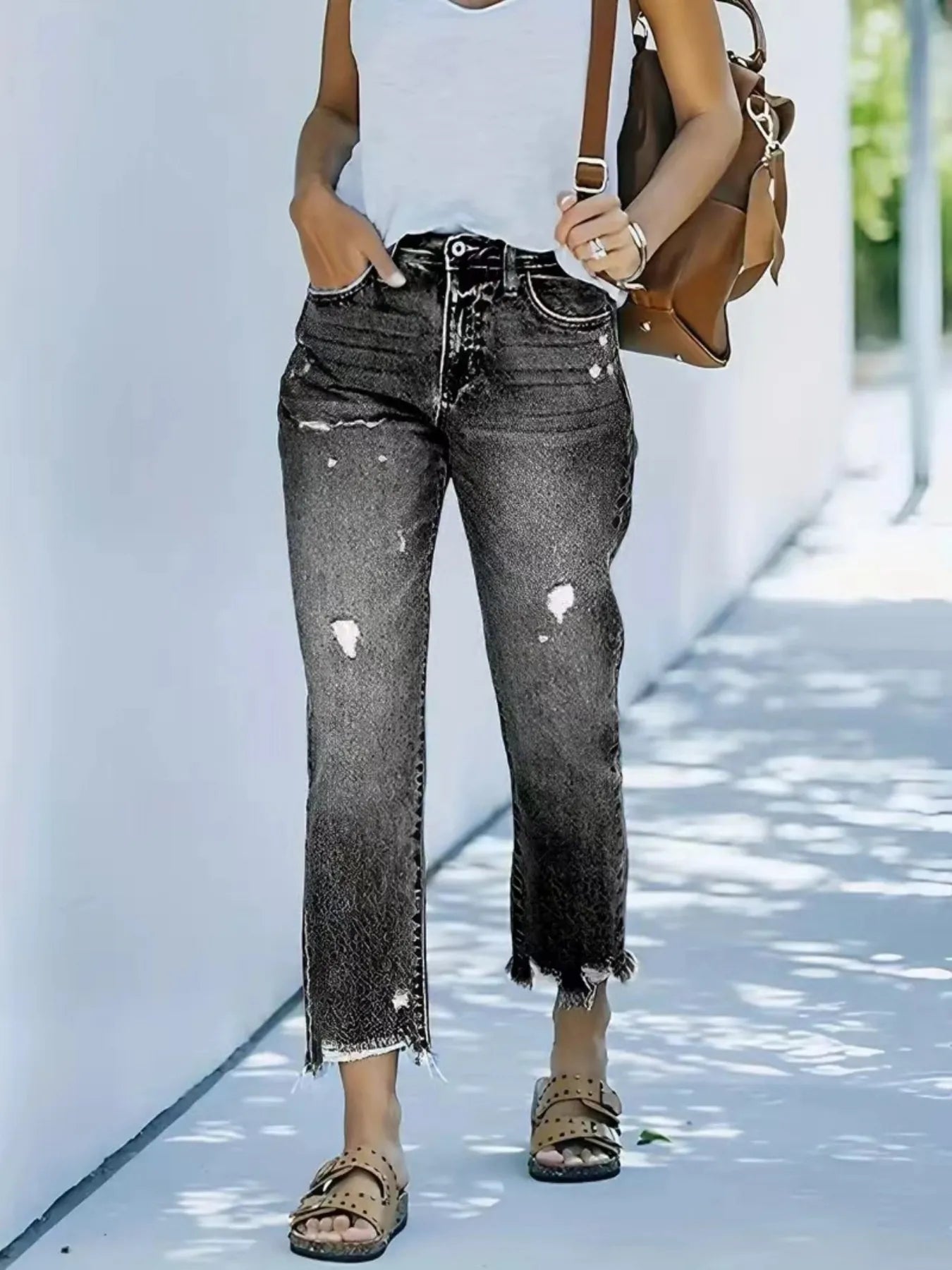 Distressed Straight Leg Jeans with Raw Hems - Be Bliss Boutique