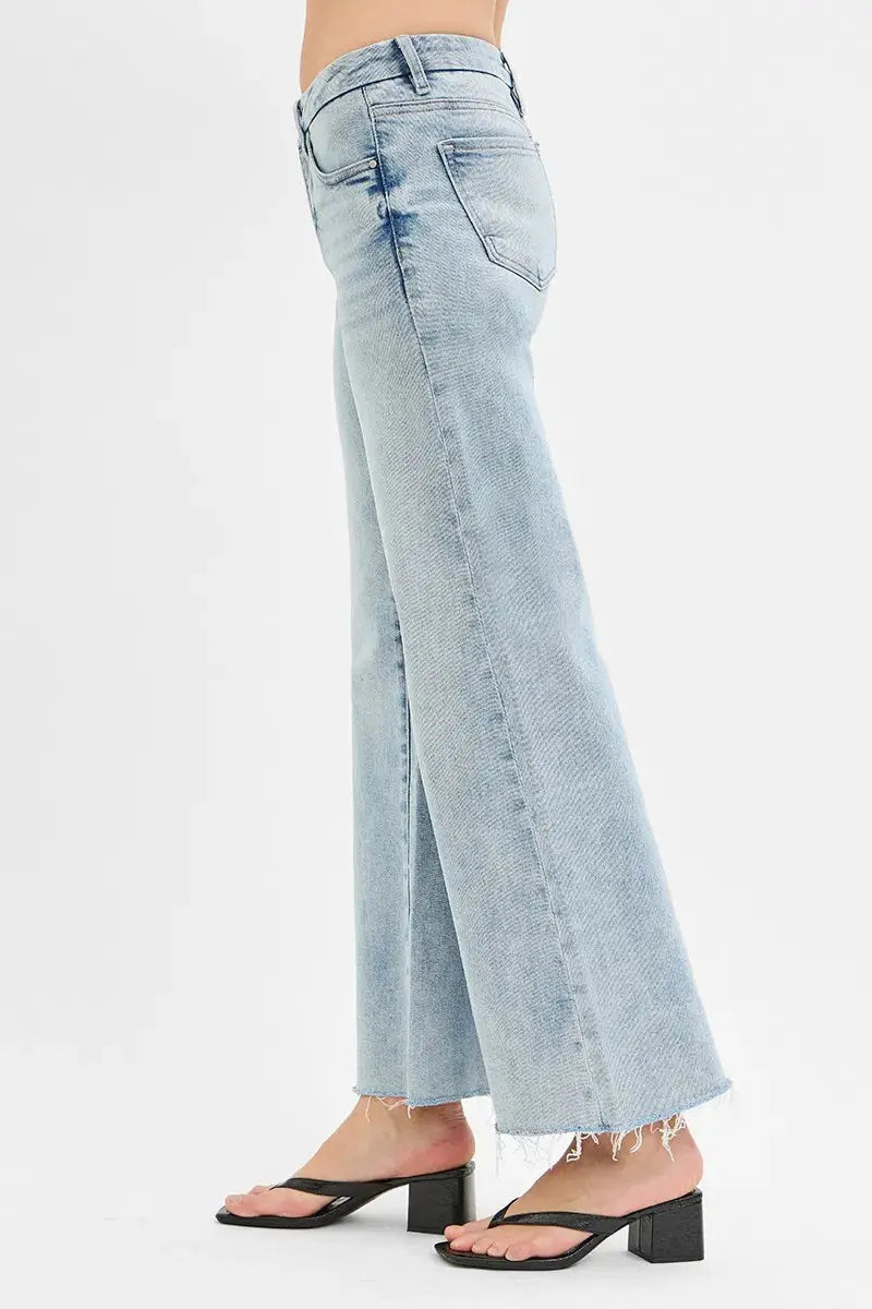 Full Size Tummy Control Low Rise Wide Leg Raw Cut Hem RISEN Jeans - Be Bliss Boutique