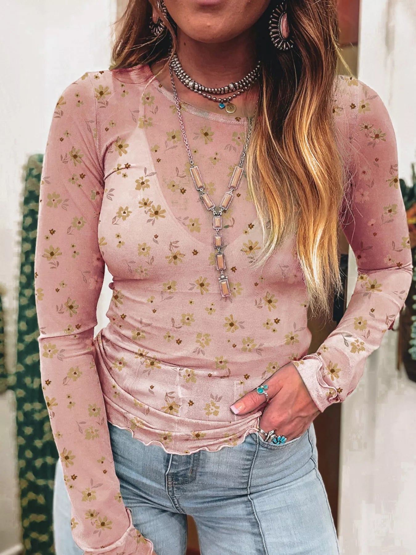 Floral Print Long Sleeve Mesh Blouse - Be Bliss Boutique