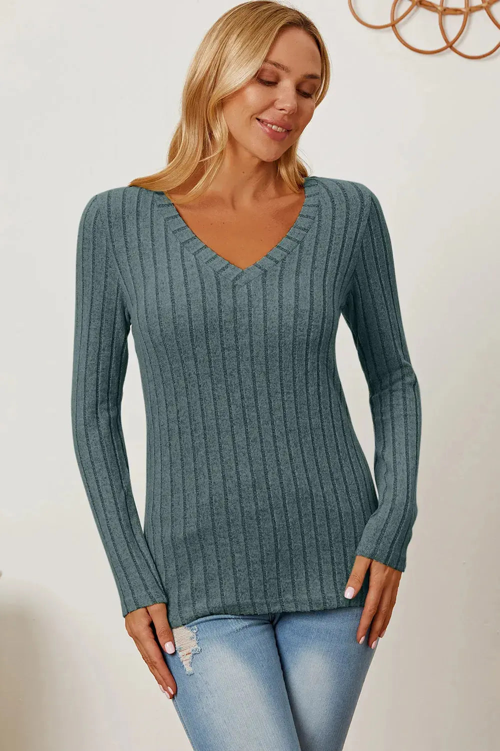 Basic Bae Full Size Ribbed V-Neck Long Sleeve T Shirt for Women - Be Bliss Boutique