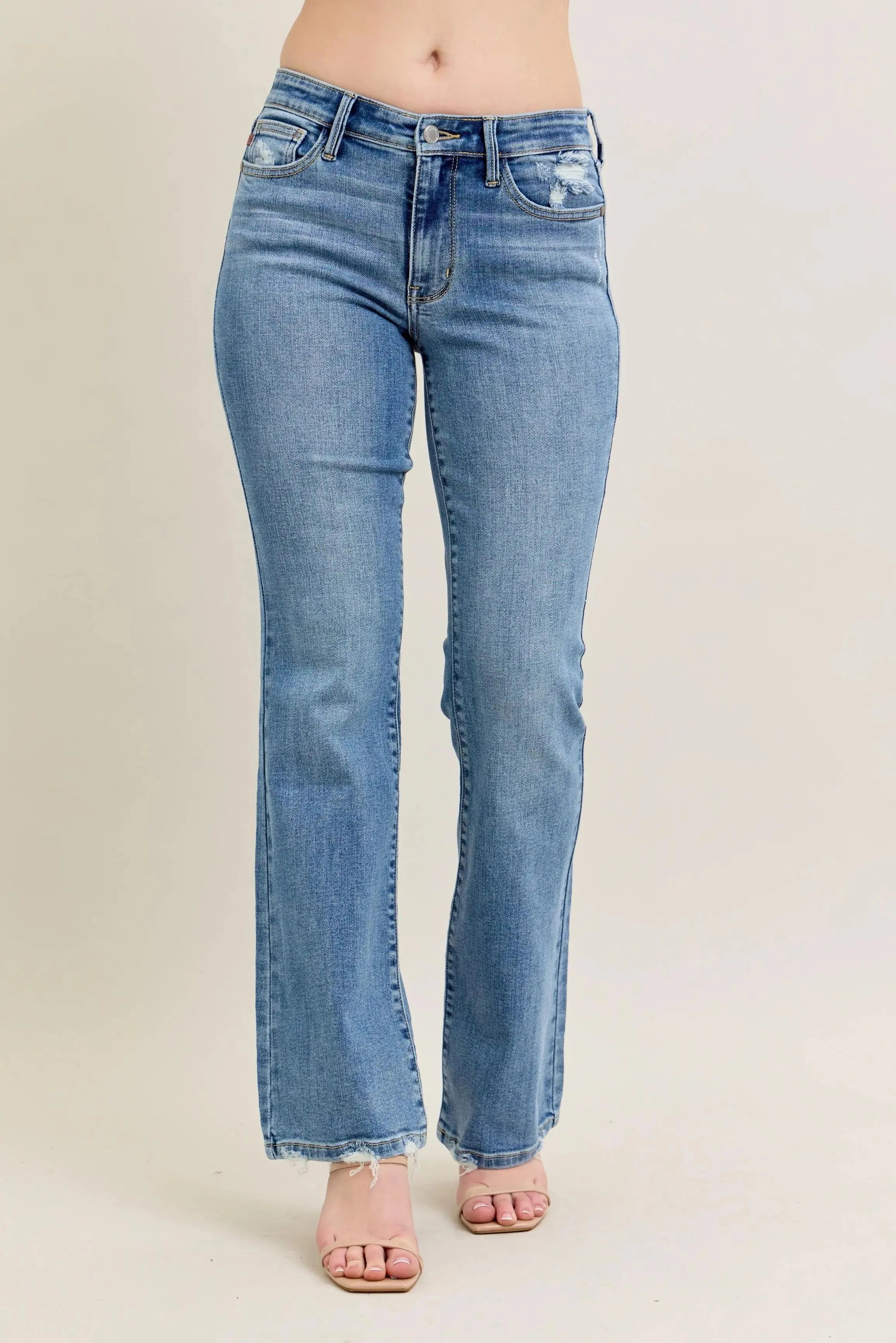 Full Size Mid Rise Wash Destroy Hem Bootcut Judy Blue Jeans - Be Bliss Boutique