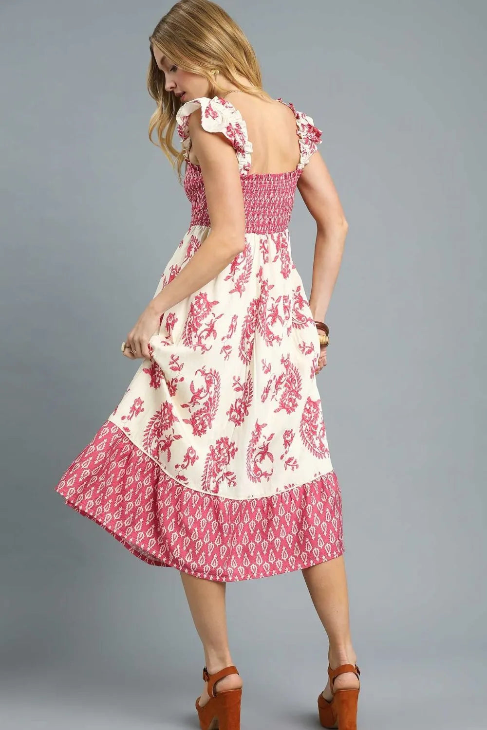 Umgee Boho Printed Smocked Ruffled Midi Dress - Be Bliss Boutique