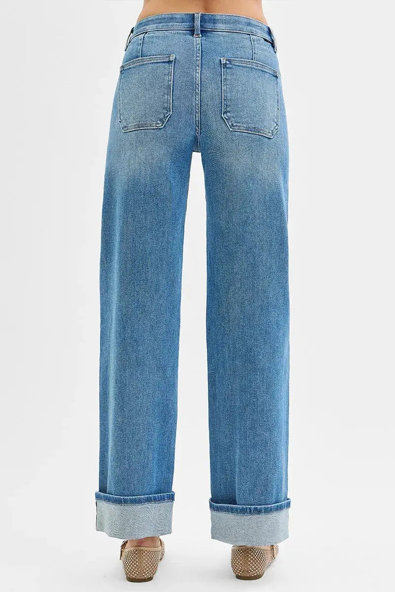 Full Size Elastic Band Mid Rise Wide Front Patch Pocket Cuff RISEN Jeans - Be Bliss Boutique