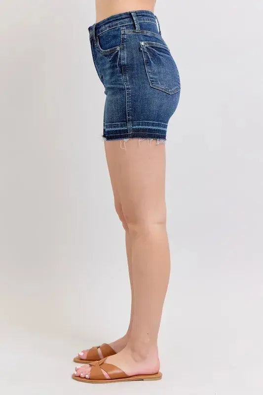 Judy Blue Jeans - Plus Size High Waist Tummy Control Destroy Release Hem Denim Shorts - Be Bliss Boutique