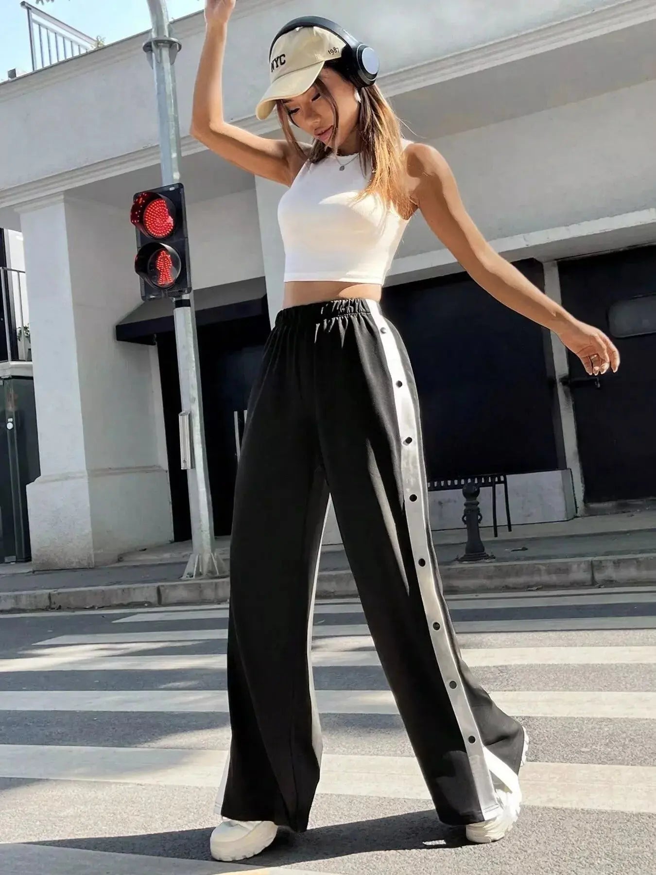 Two-Tone Side Snap Womens Wide Leg Pants - Be Bliss Boutique