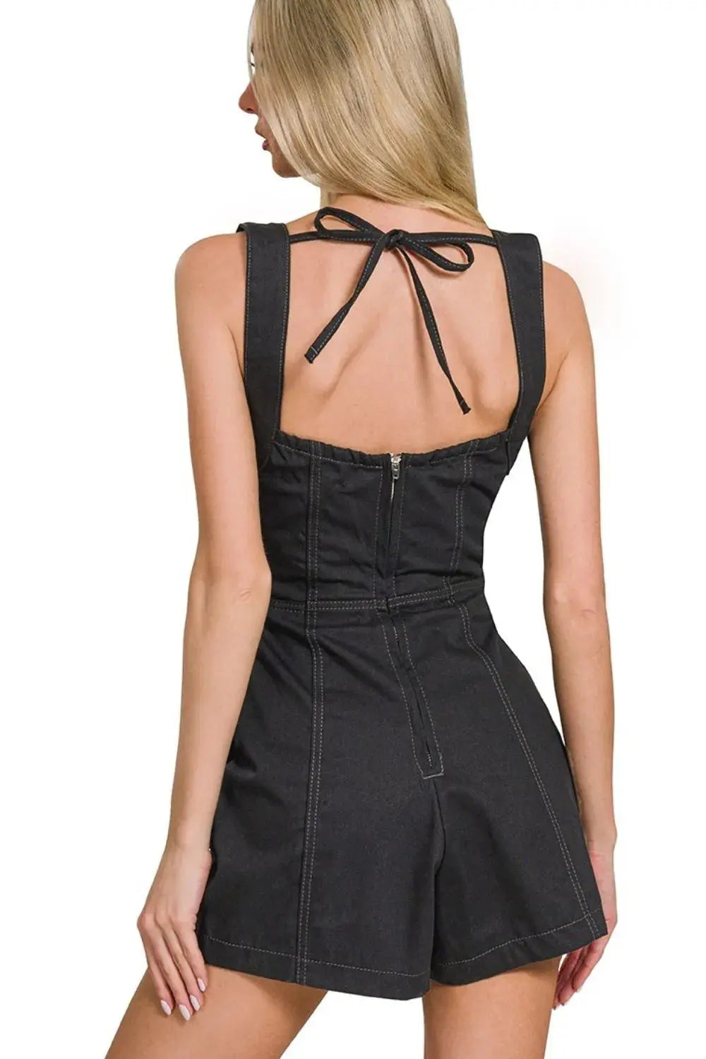 Zenana Black Denim Romper with Tie Back and Contrast Stitching - Be Bliss Boutique