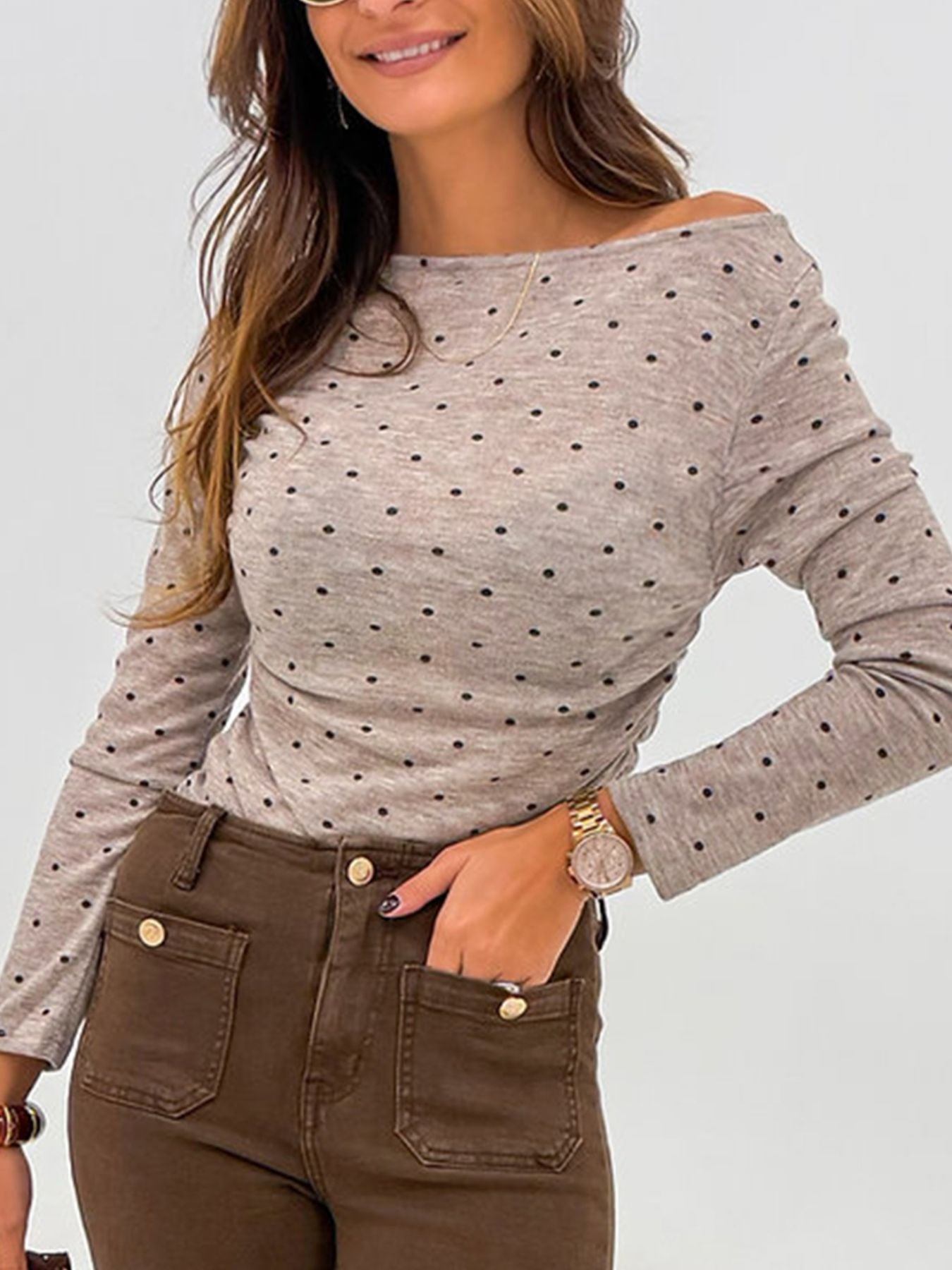 Polka Dot Boat Neck Knit Long Sleeve Shirt - Be Bliss Boutique