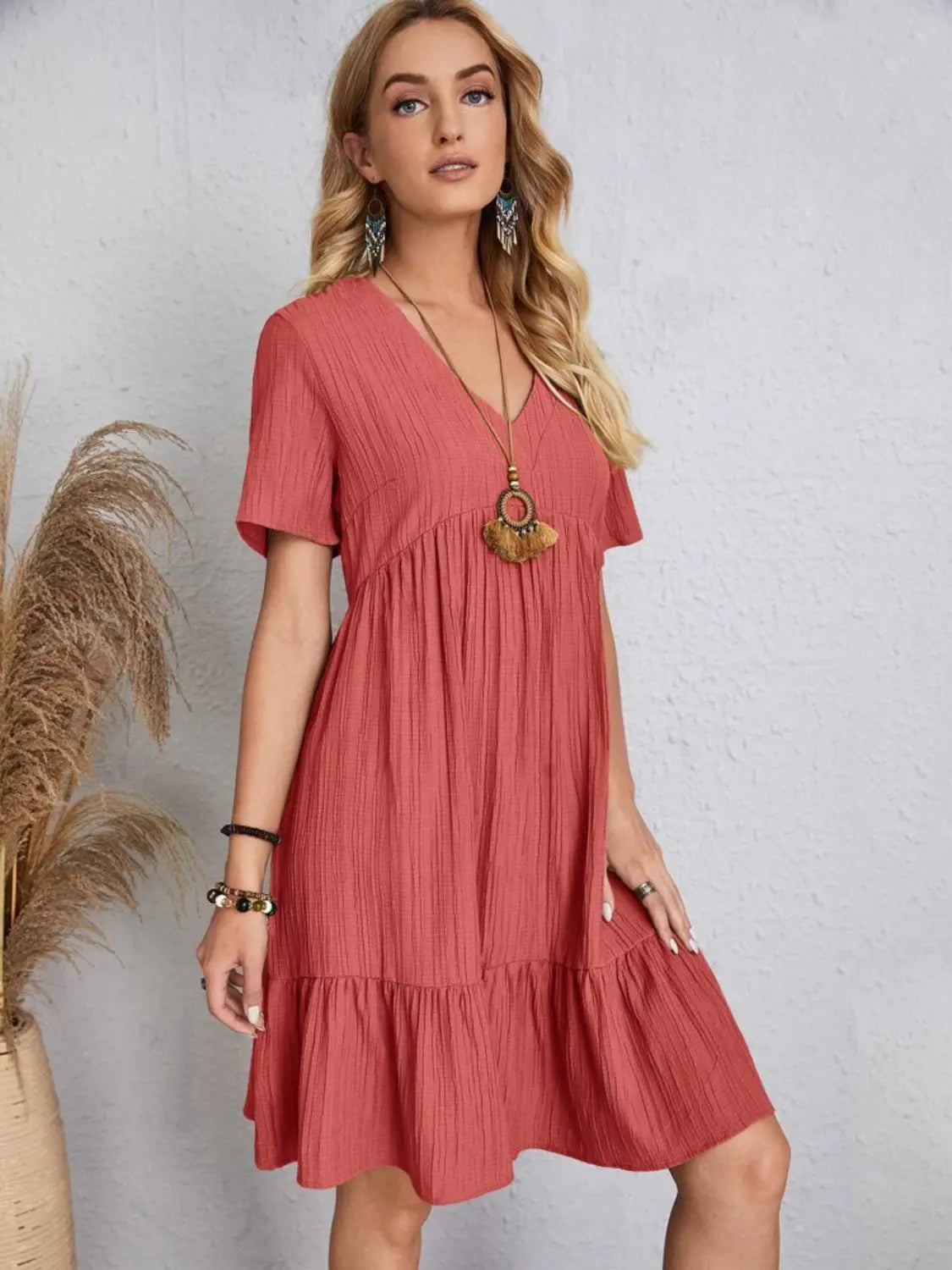 Boho Textured V-Neck Short Sleeve Babydoll Dress - Be Bliss Boutique