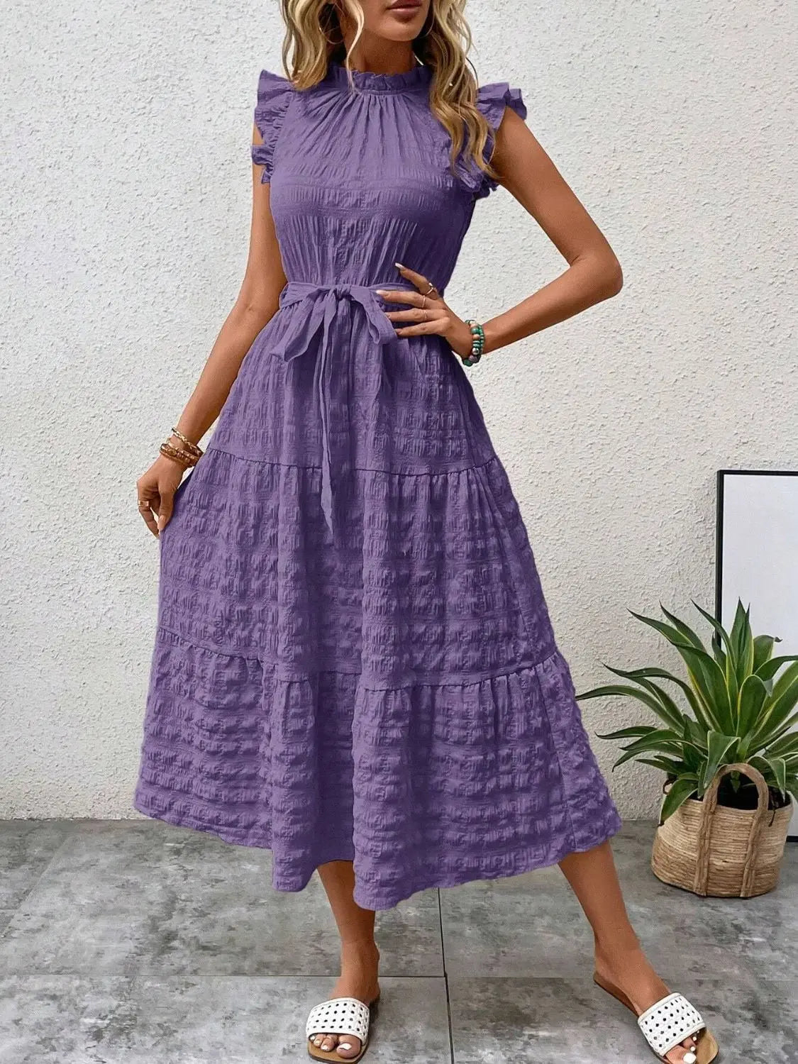 Tied Ruffled Cap Sleeve Midi Dress - Be Bliss Boutique