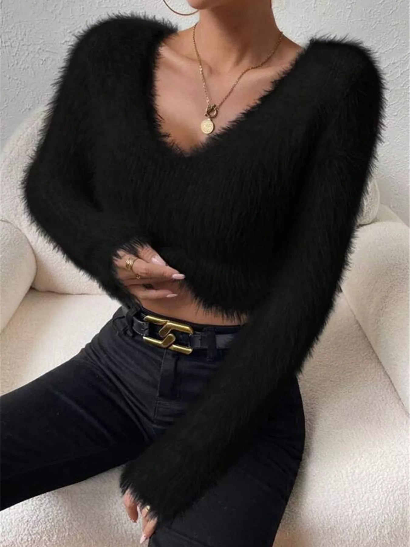 Fluffy Knit V Neck Sweater - Be Bliss Boutique