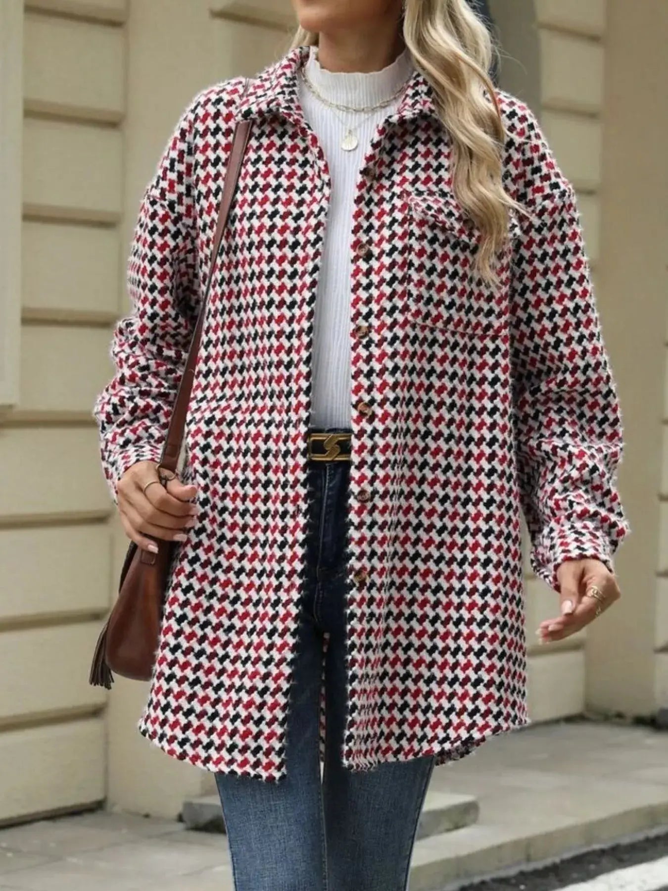 Houndstooth Button Up Long Sleeve Coat - Be Bliss Boutique