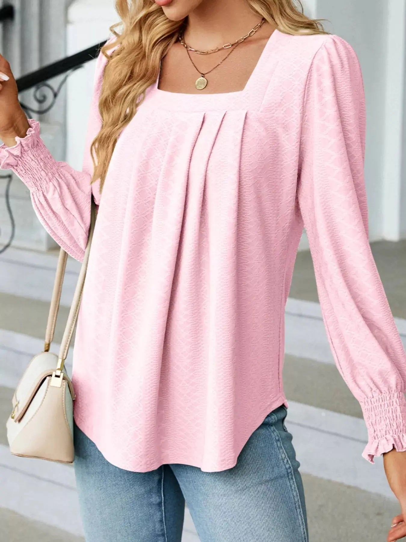 Pleated Square Neck Long Sleeve Top - Be Bliss Boutique