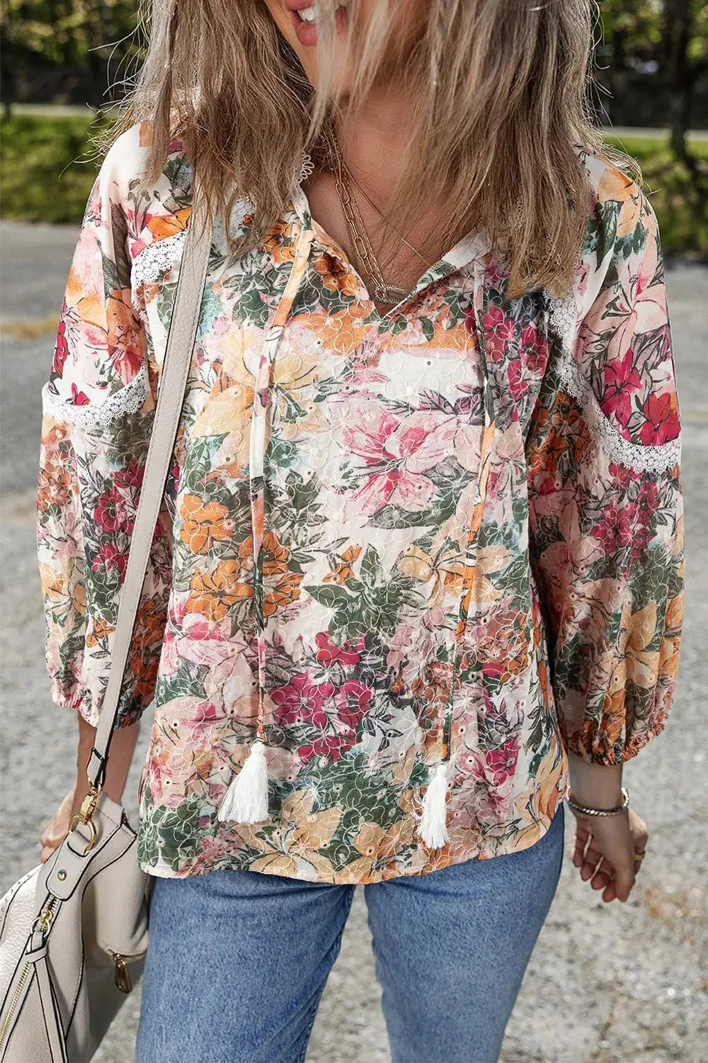 Floral Tie Neck Boho Blouse - Be Bliss Boutique