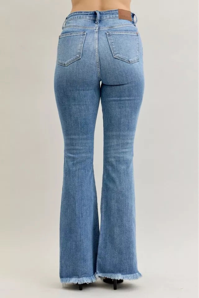 Judy Blue Jeans - High Waist Flare Fray Hem Jeans with Front Pintuck Detail - Be Bliss Boutique