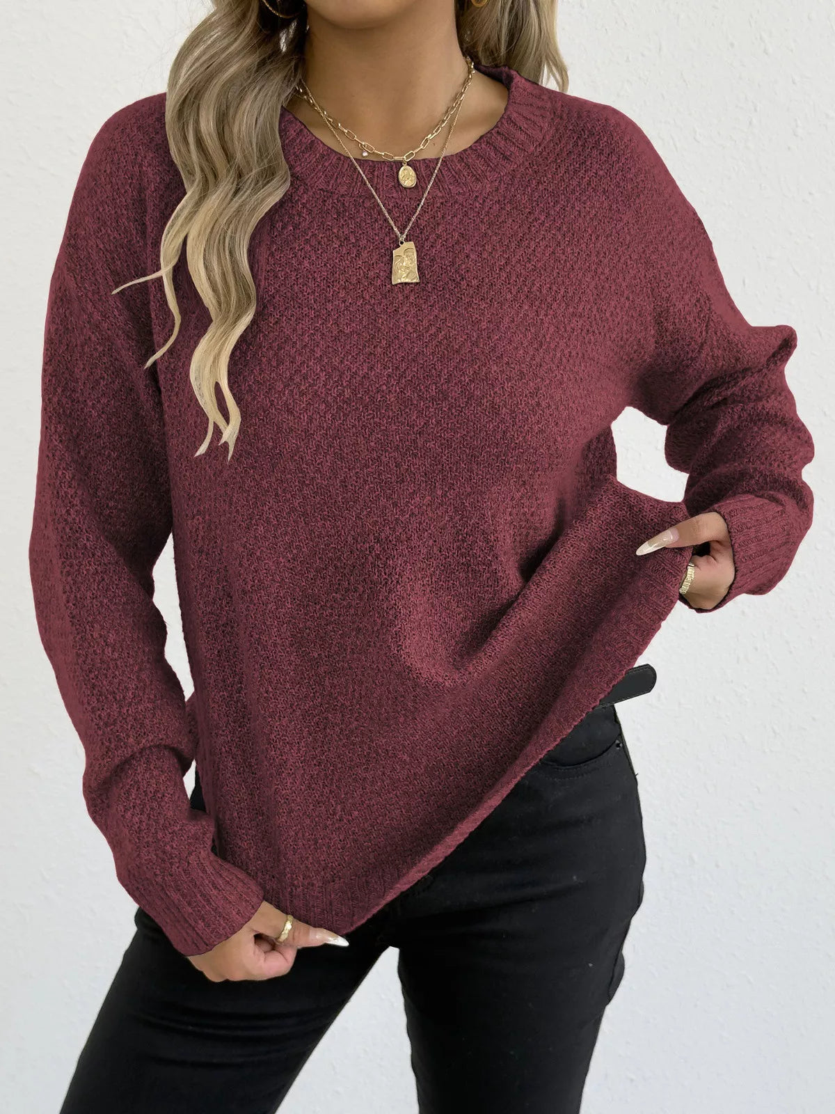 Textured Knit Relaxed Fit Round Neck Sweater - Be Bliss Boutique