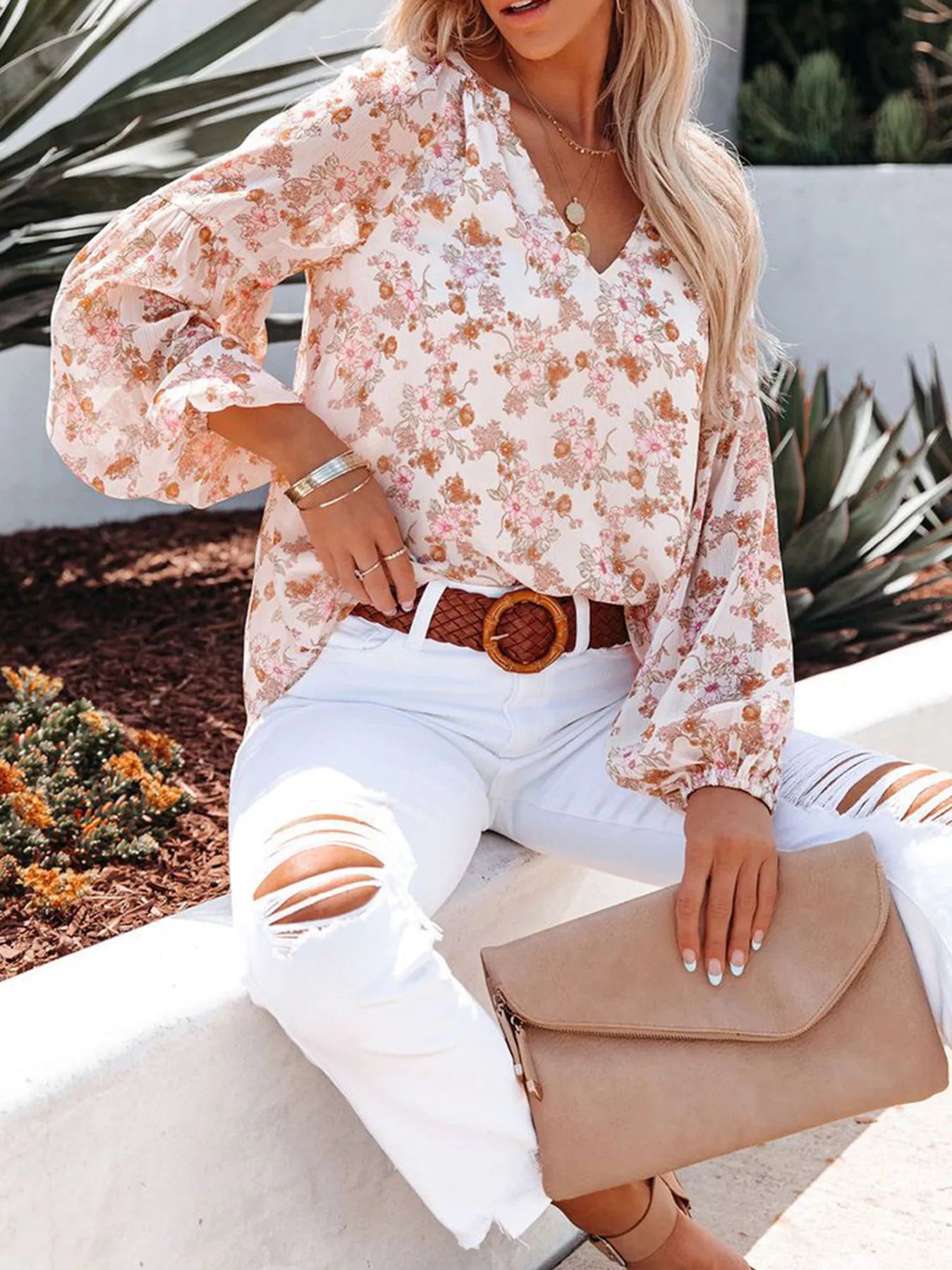 Full Size Floral Print V Neck Long Sleeve Blouse - Be Bliss Boutique