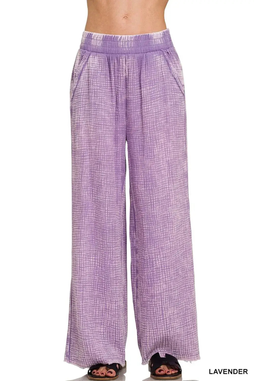 Zenana Lavender Washed Double Gauze Wide Leg Cotton Lounge Pants - Be Bliss Boutique