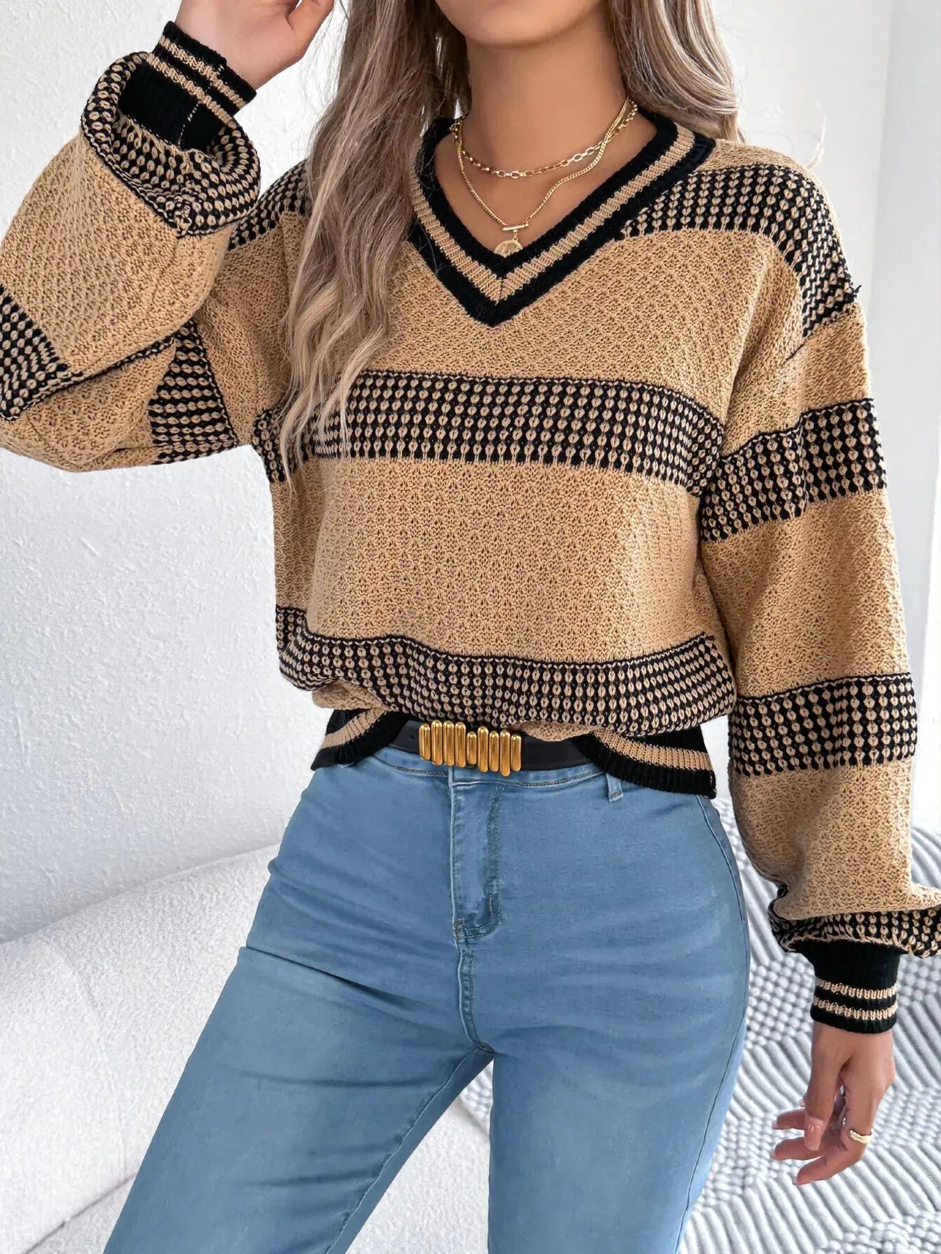 Contrast Striped V Neck Sweater - Be Bliss Boutique