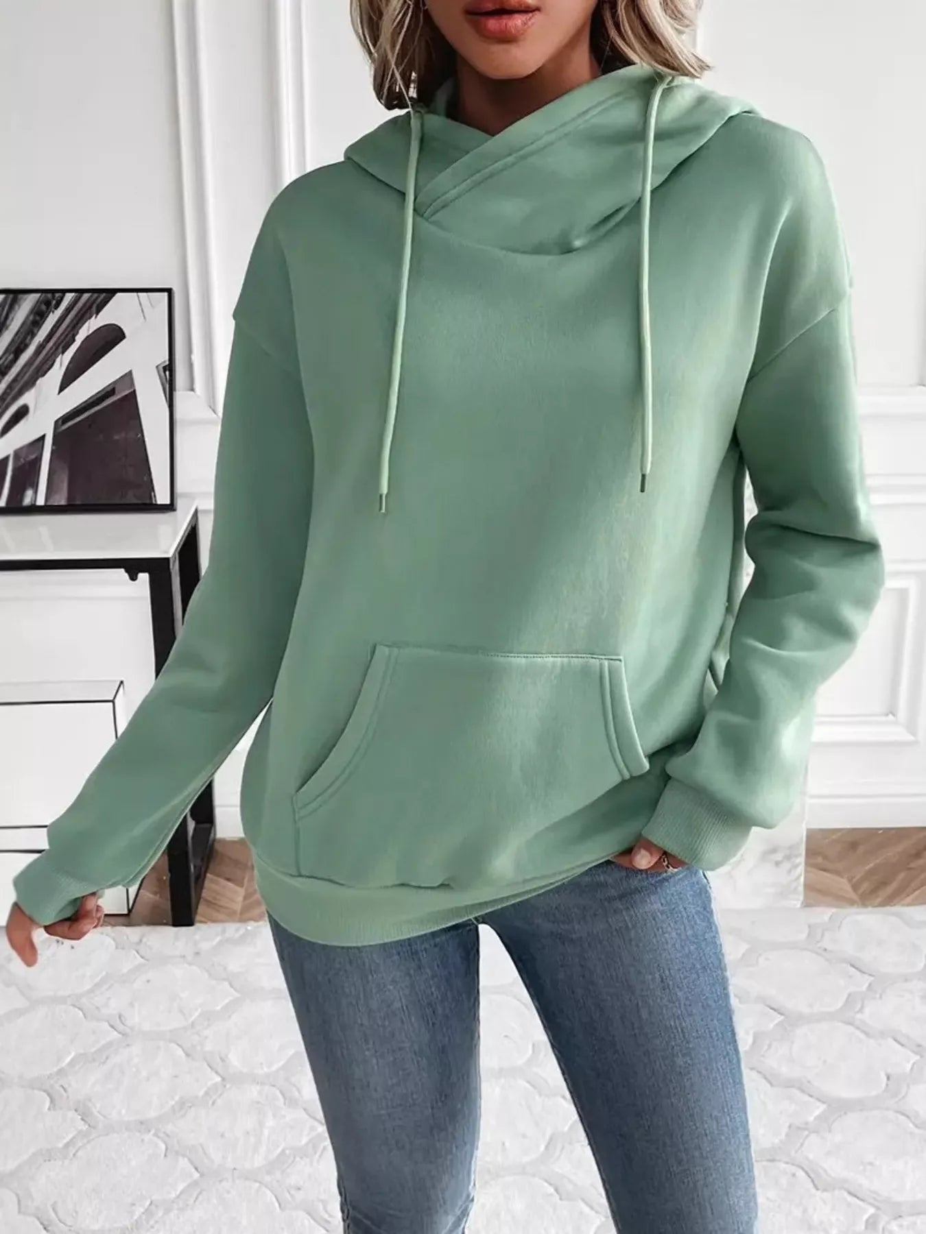 Kangaroo Pocket Long Sleeve Drawstring Hoodie - Be Bliss Boutique