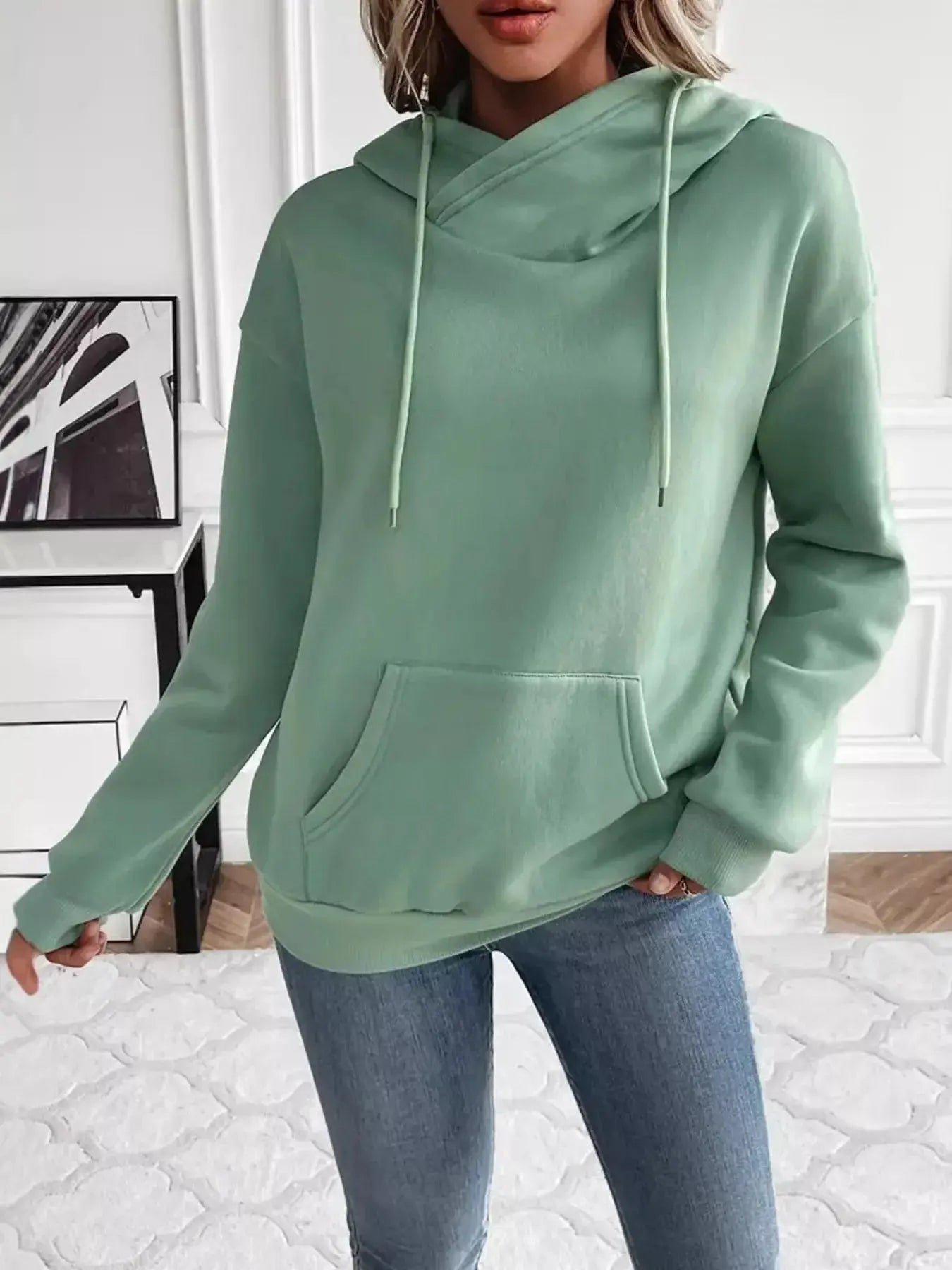 Kangaroo Pocket Long Sleeve Drawstring Hoodie - Be Bliss Boutique
