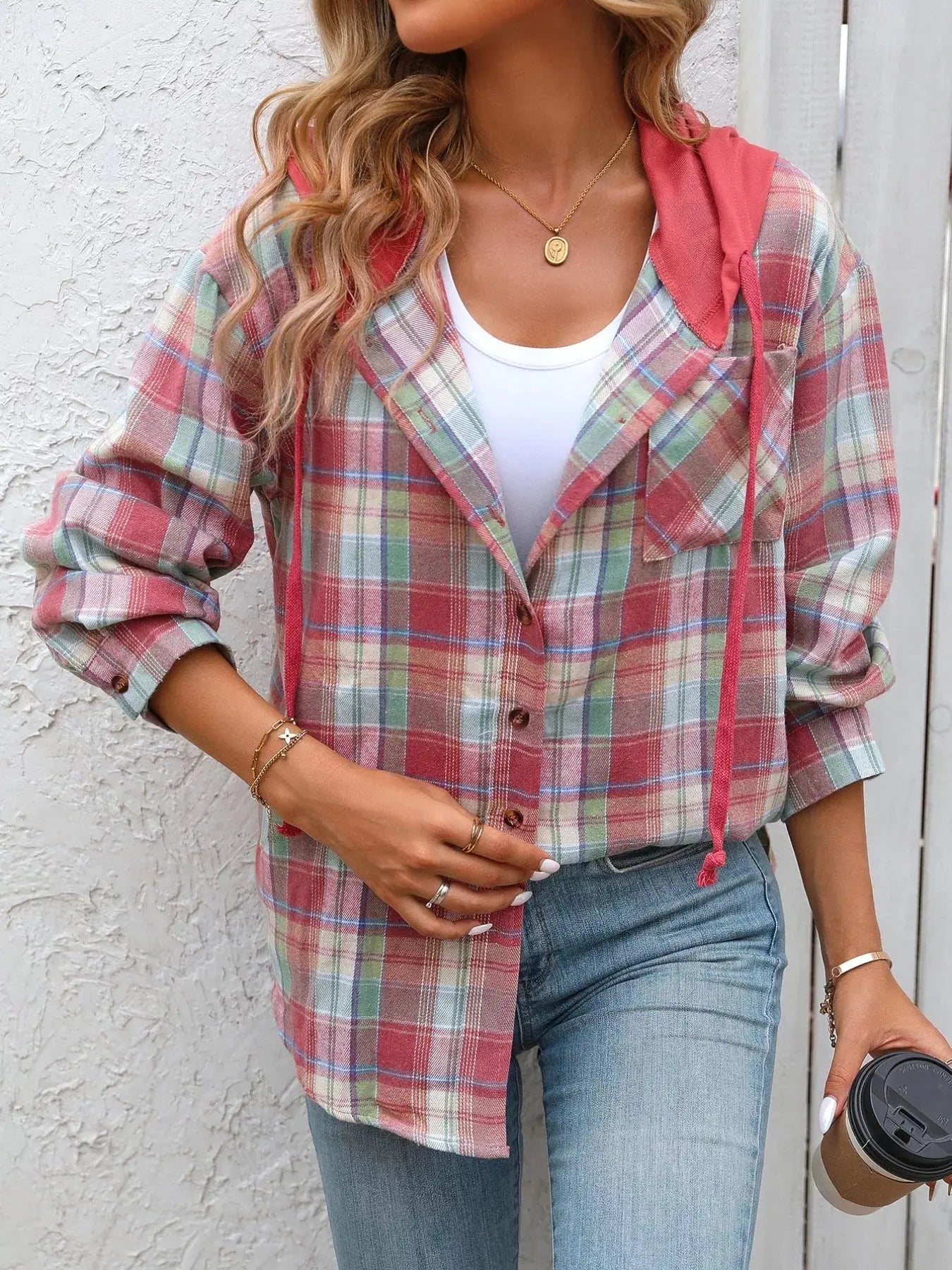 Plaid Button-Up Oversized Hooded Shirt with Chest Pocket - Be Bliss Boutique