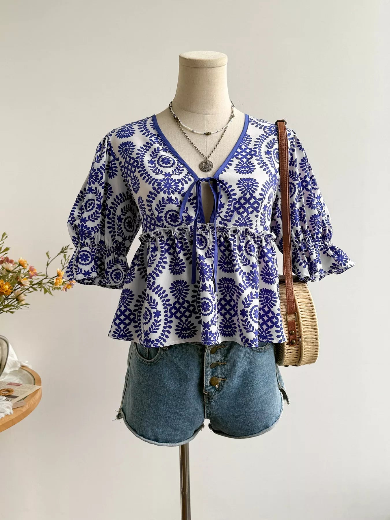 Navy Floral Tie Front Blouse - Be Bliss Boutique