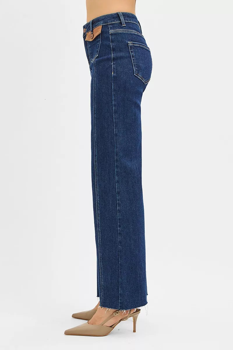 RISEN Jeans - High Rise Wide Flare Jeans with Front Leather Pocket Detail - Be Bliss Boutique