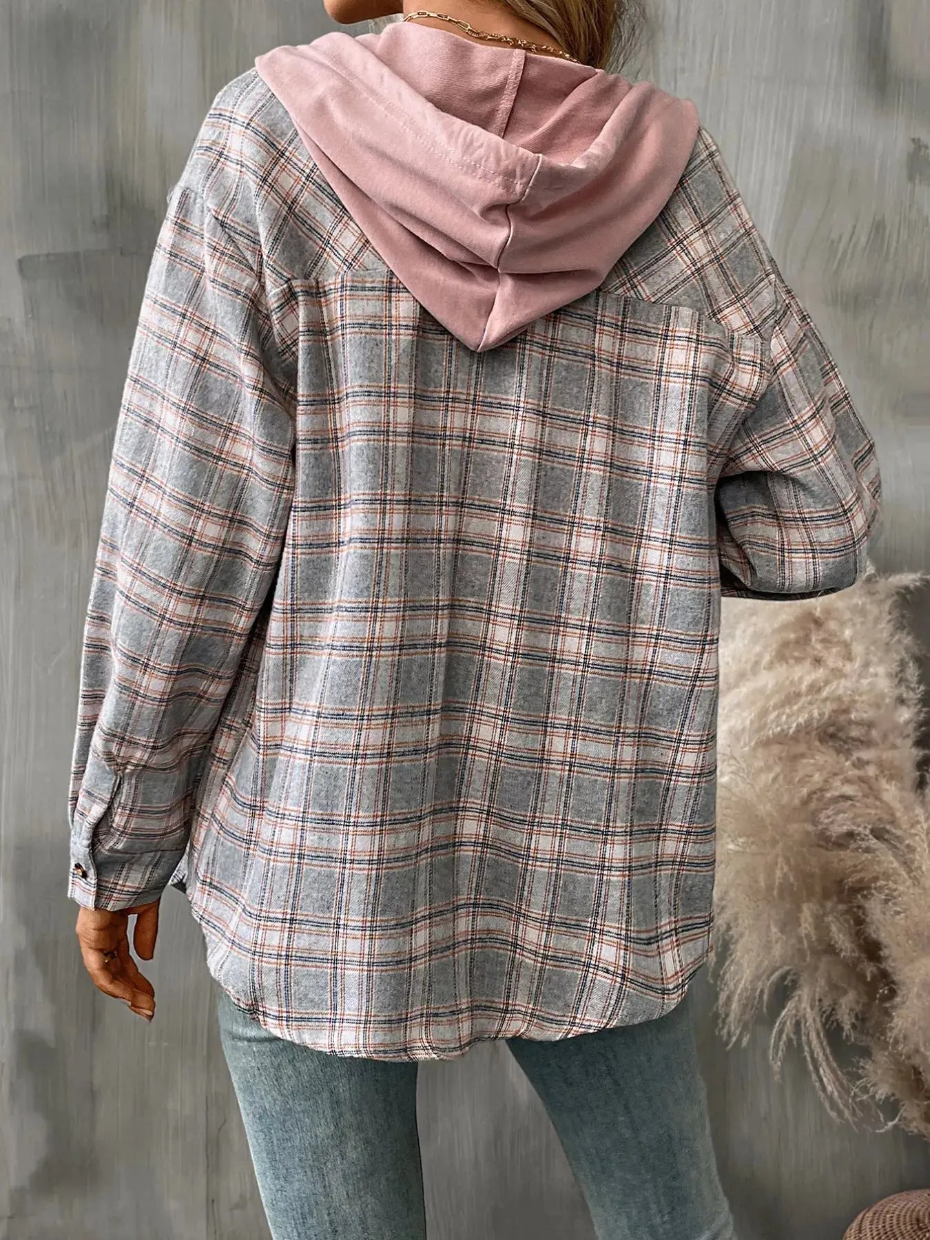 Plaid Button-Up Oversized Hooded Shirt with Chest Pocket - Be Bliss Boutique