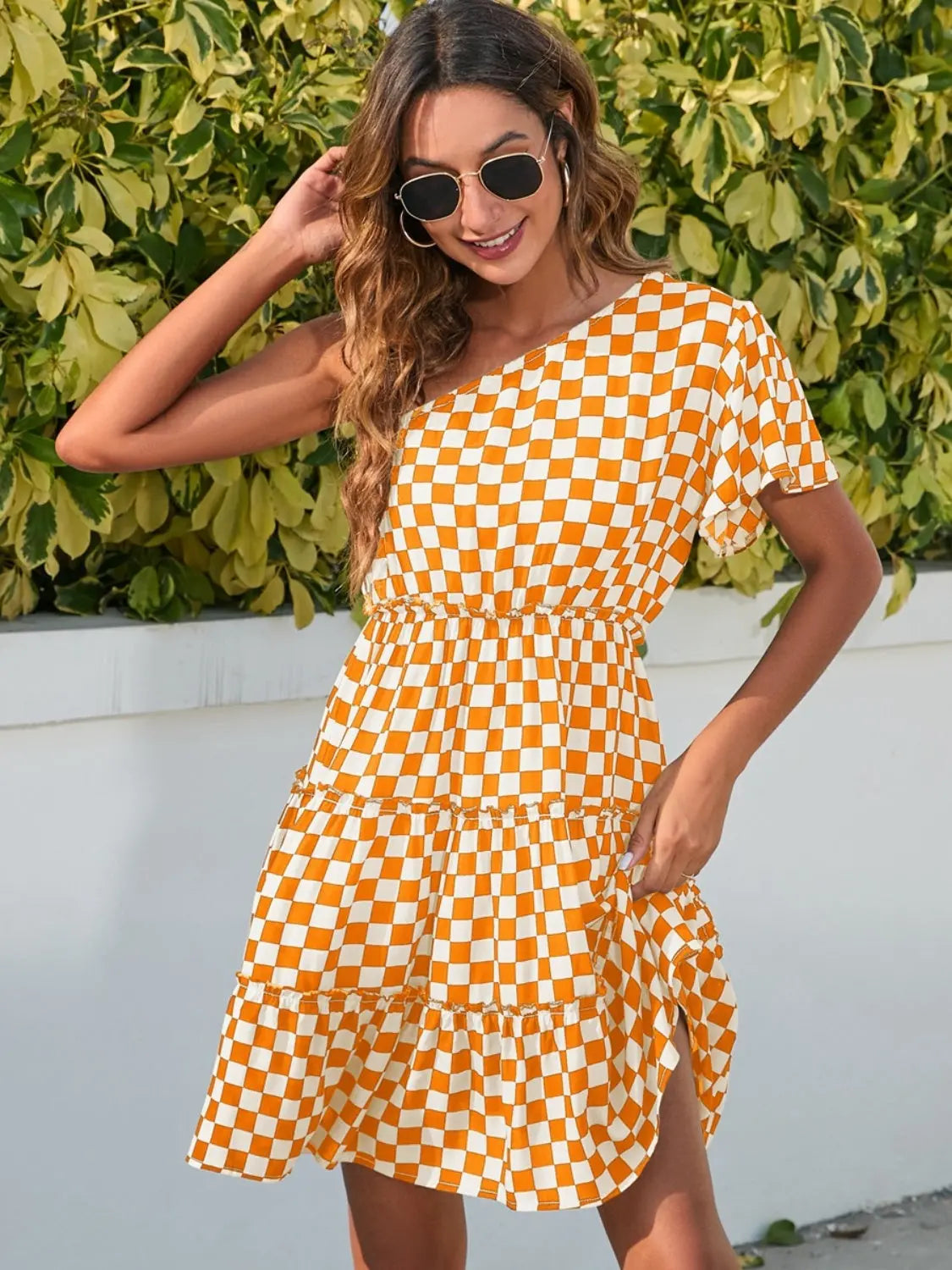 Checkered Single Shoulder Mini Dress - Be Bliss Boutique