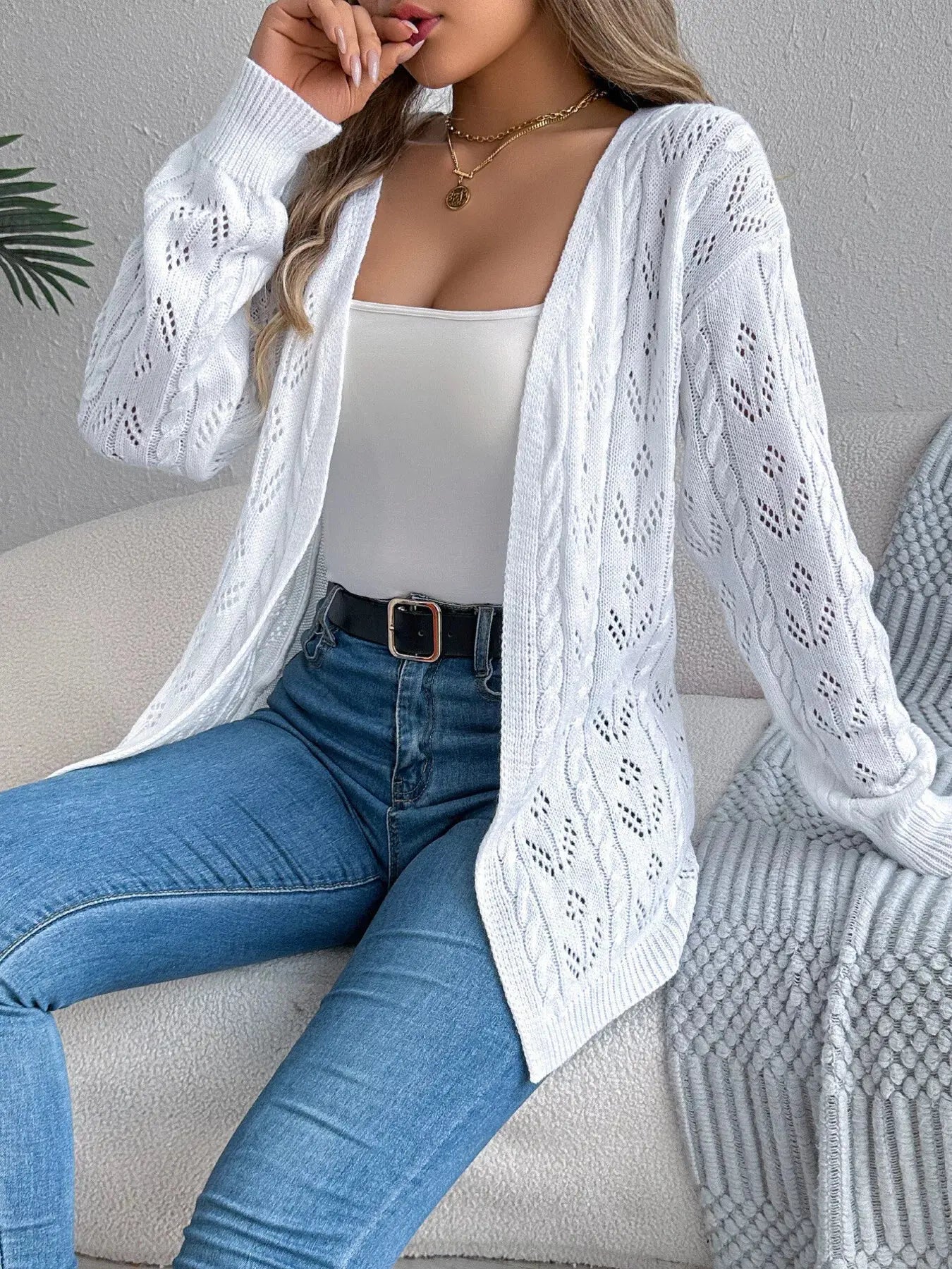 Openwork Open Front Long Sleeve Cardigan - Be Bliss Boutique