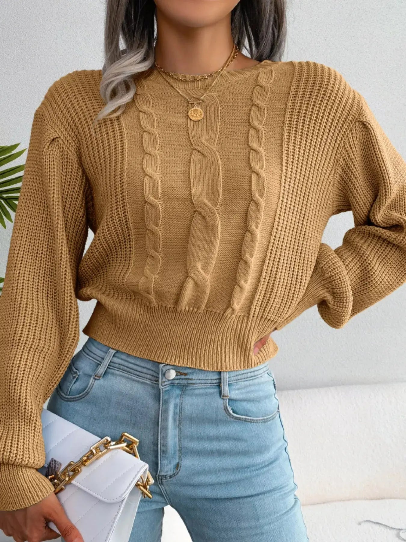 Cable Knit Crew Neck Cropped Sweater - Be Bliss Boutique