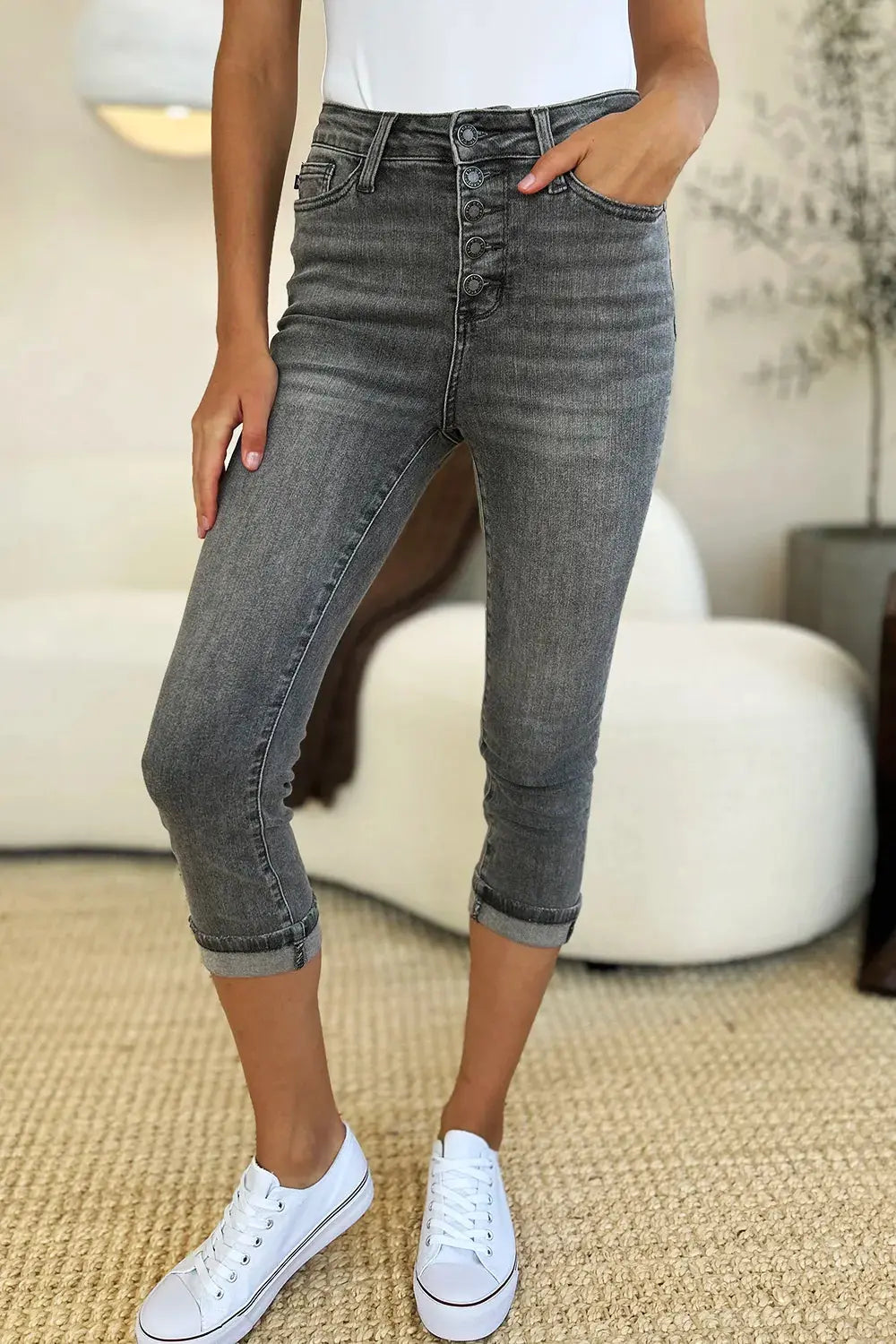 Judy Blue Jeans - Full Size Button Fly High Waist Cuffed Capris - Be Bliss Boutique