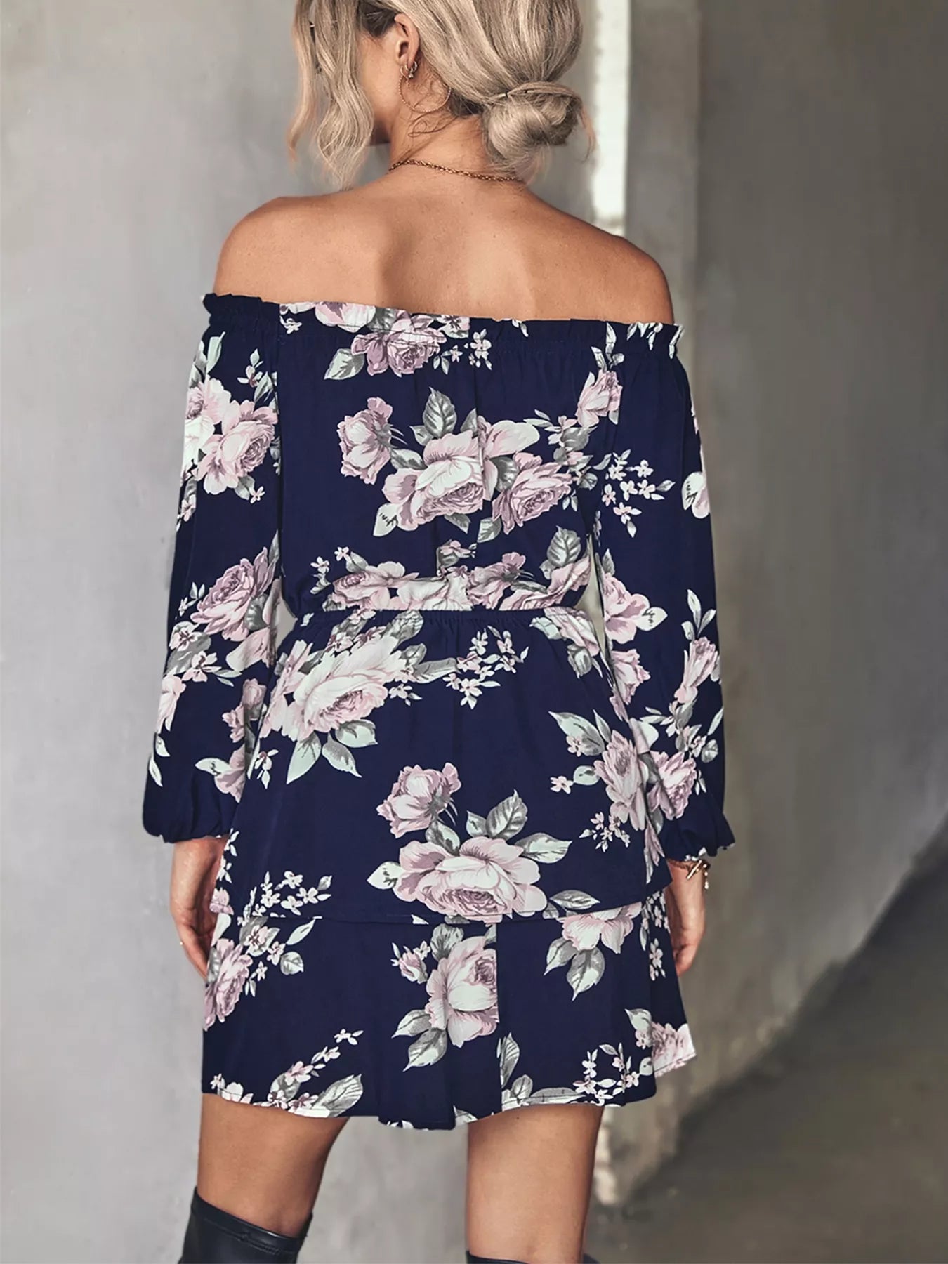 Off-Shoulder Floral Print Long Sleeve Mini Dress - Be Bliss Boutique