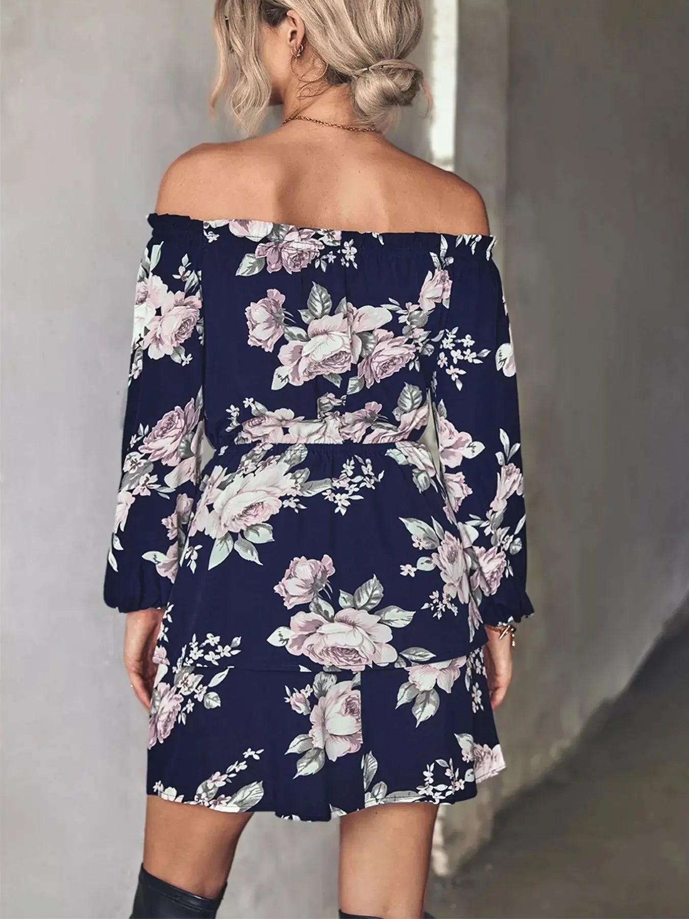 Off-Shoulder Floral Print Long Sleeve Mini Dress - Be Bliss Boutique