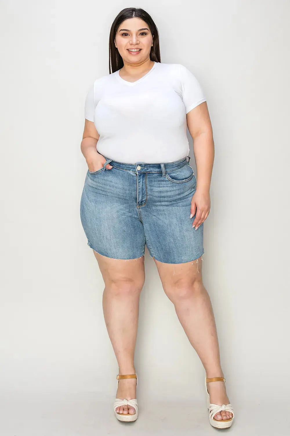 Judy Blue Jeans - Full Size High Waist Raw Hem Denim Shorts - Be Bliss Boutique