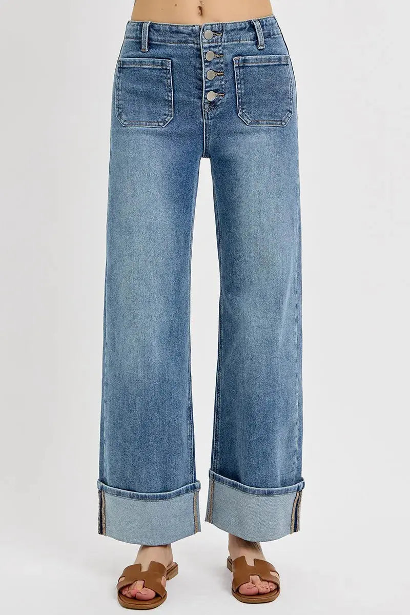 RISEN Jeans - High Rise Ankle Wide Button Patch Pocket Cuffed Jeans - Be Bliss Boutique