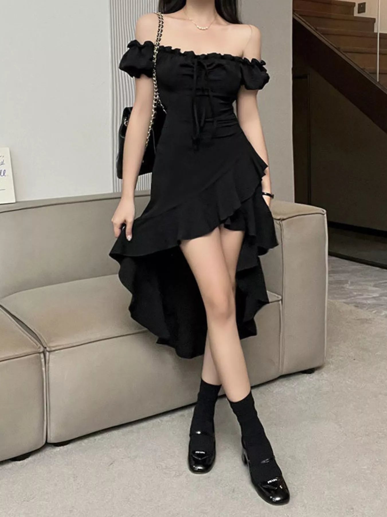 Off-Shoulder Ruffle Hem High Low Dress - Be Bliss Boutique