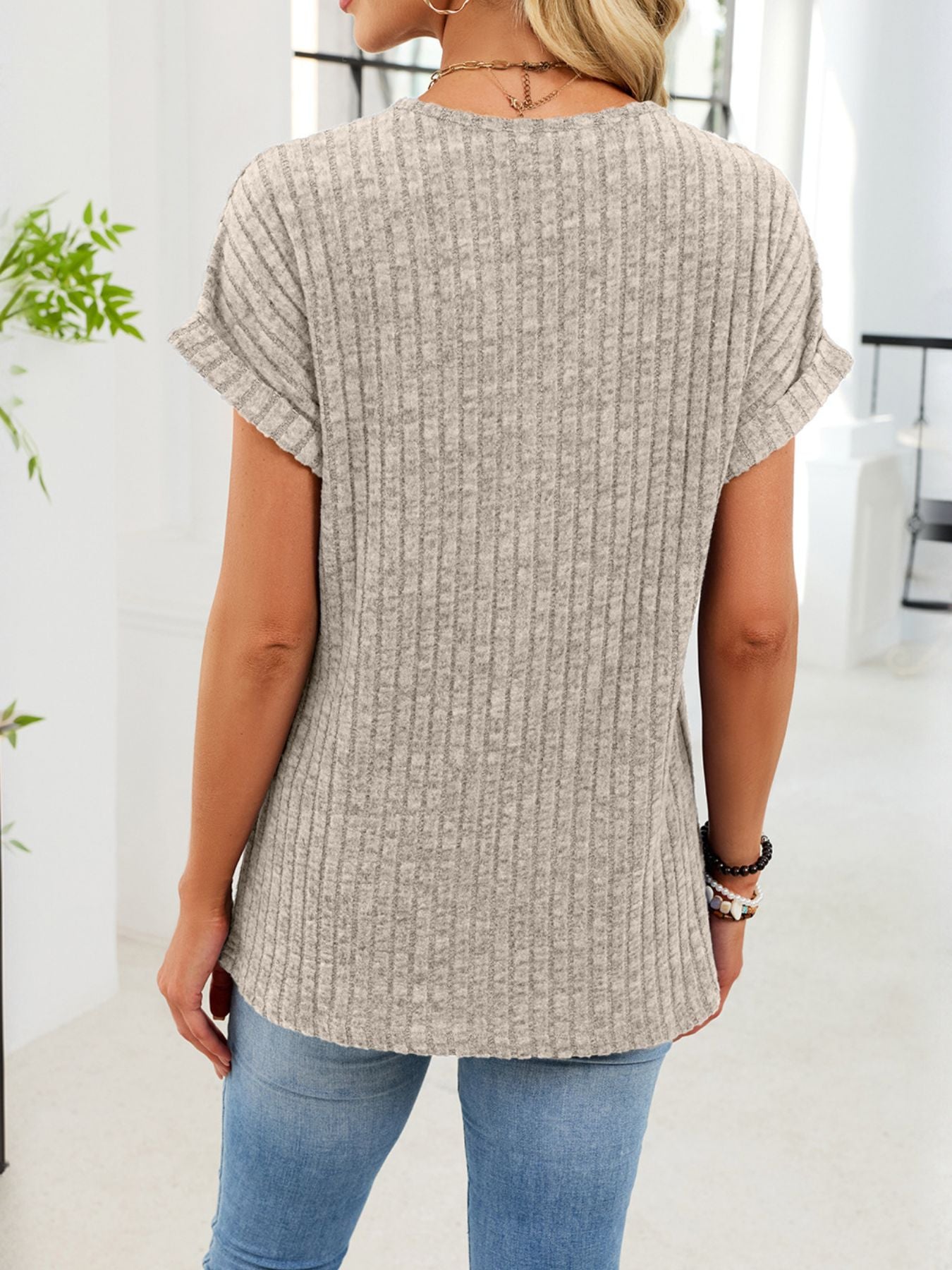 V Neck Ribbed Knit T Shirt - Be Bliss Boutique