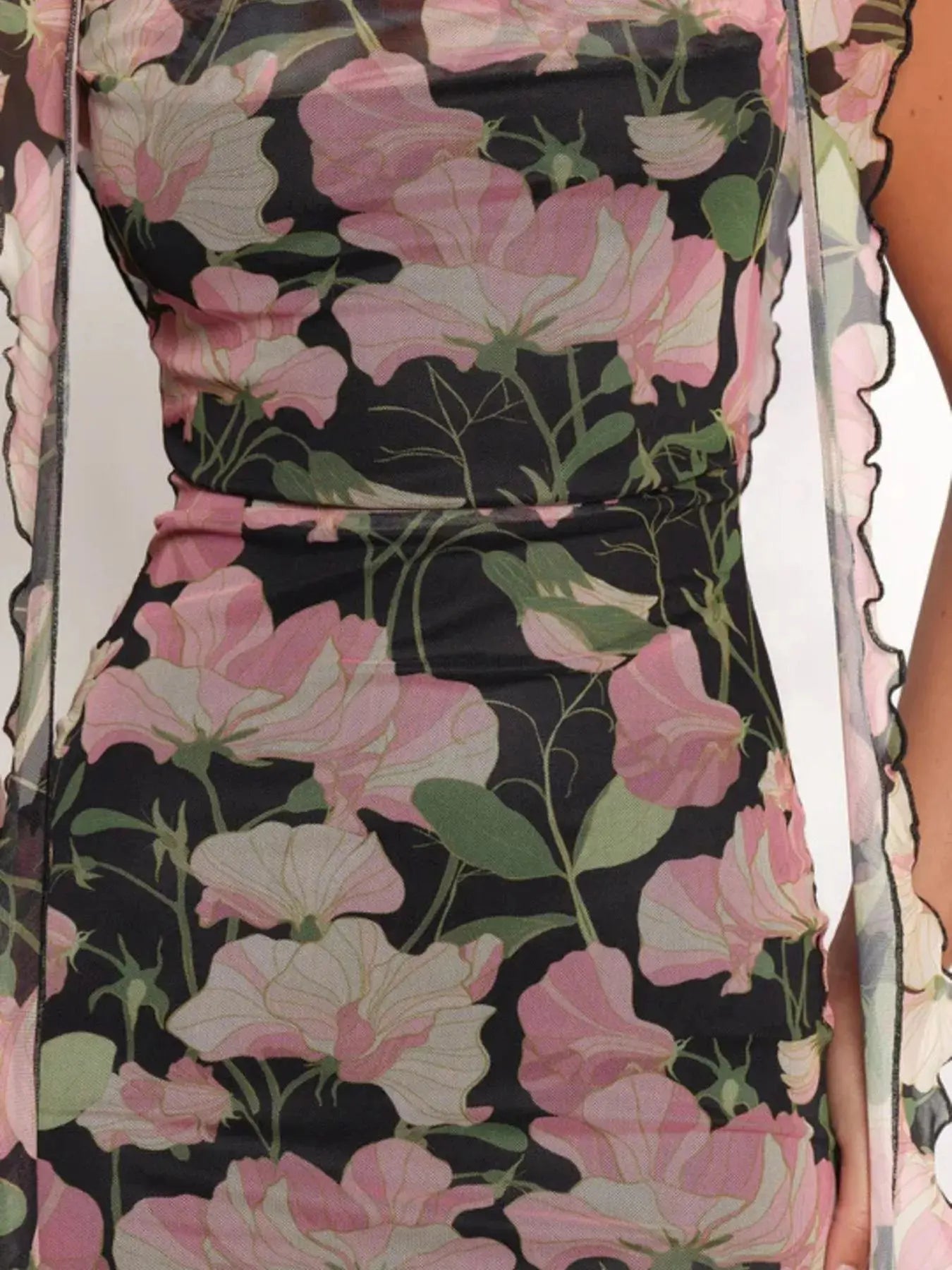 Floral Print Ruffle Trim Bodycon Maxi Dress - Be Bliss Boutique