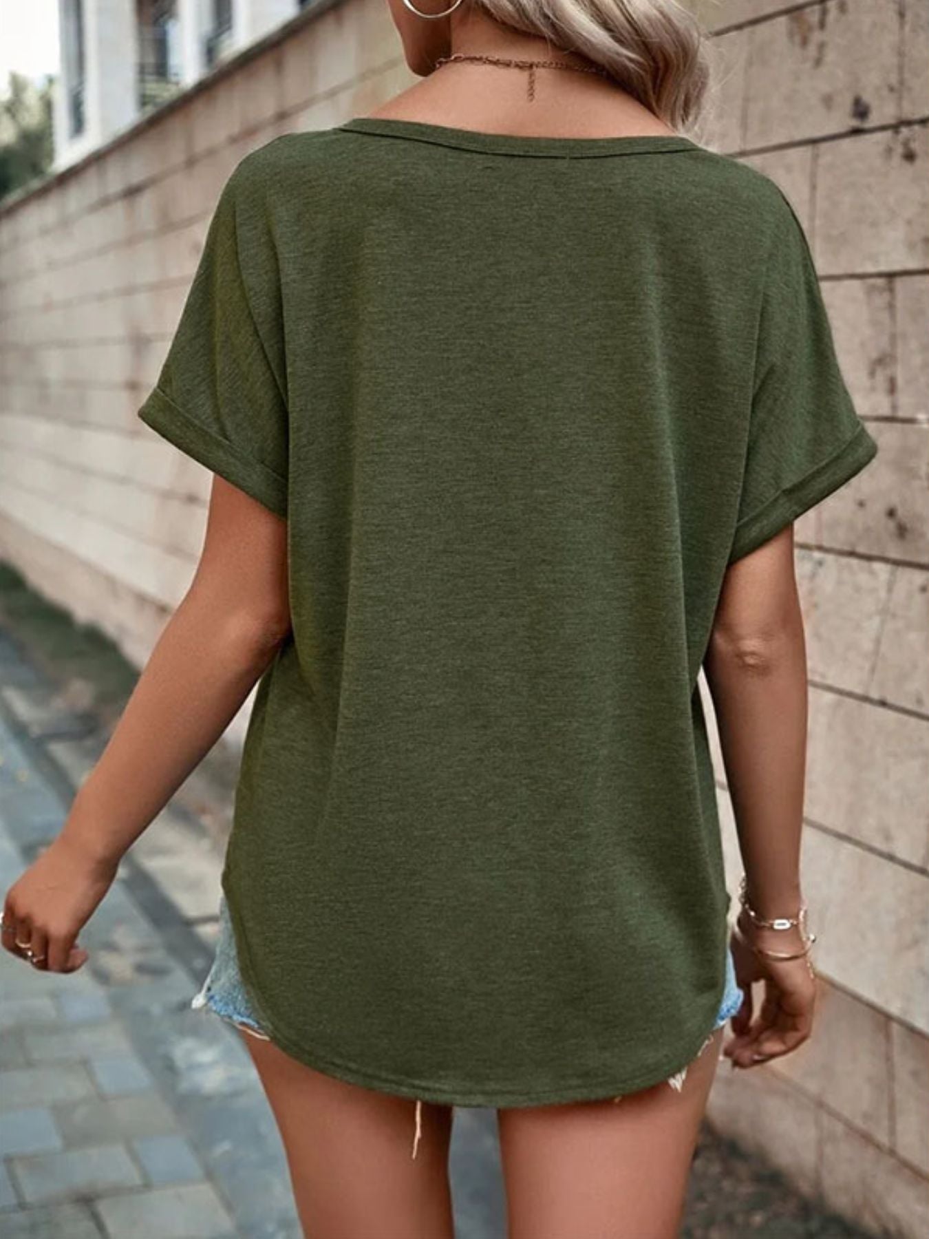 Full Size Decor Button Short Sleeve T Shirt - Be Bliss Boutique