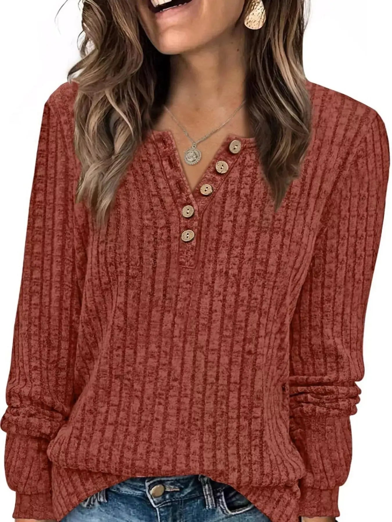 Ribbed Knit Button Front Long Sleeve T Shirt - Be Bliss Boutique