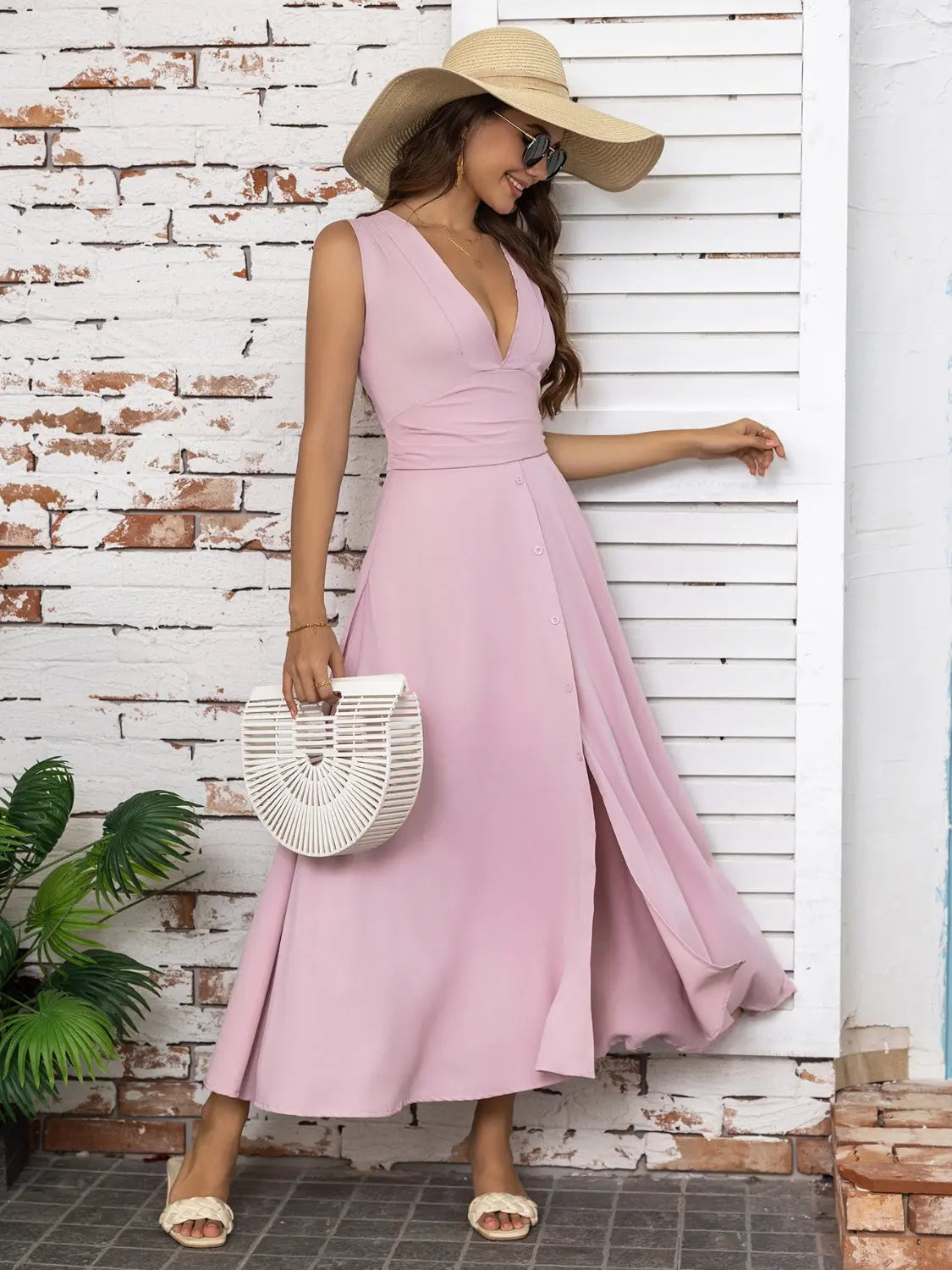 Full Size Slit V-Neck Sleeveless Midi Dress - Be Bliss Boutique