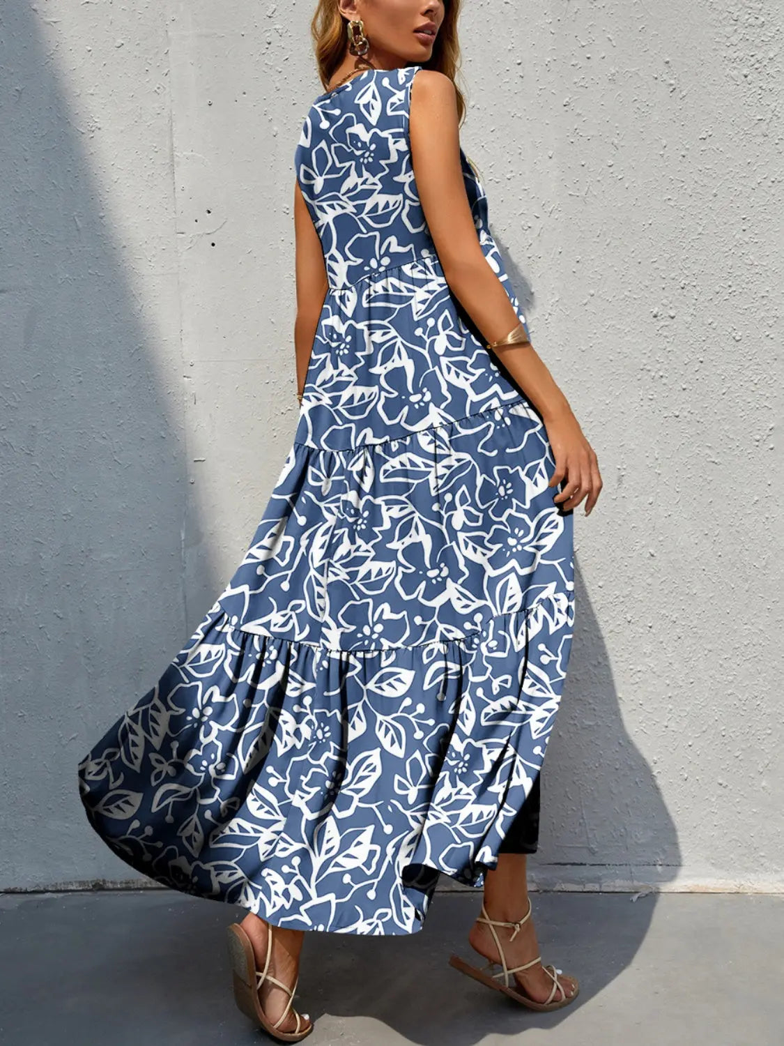 Tiered Printed V-Neck Sleeveless Dress - Be Bliss Boutique