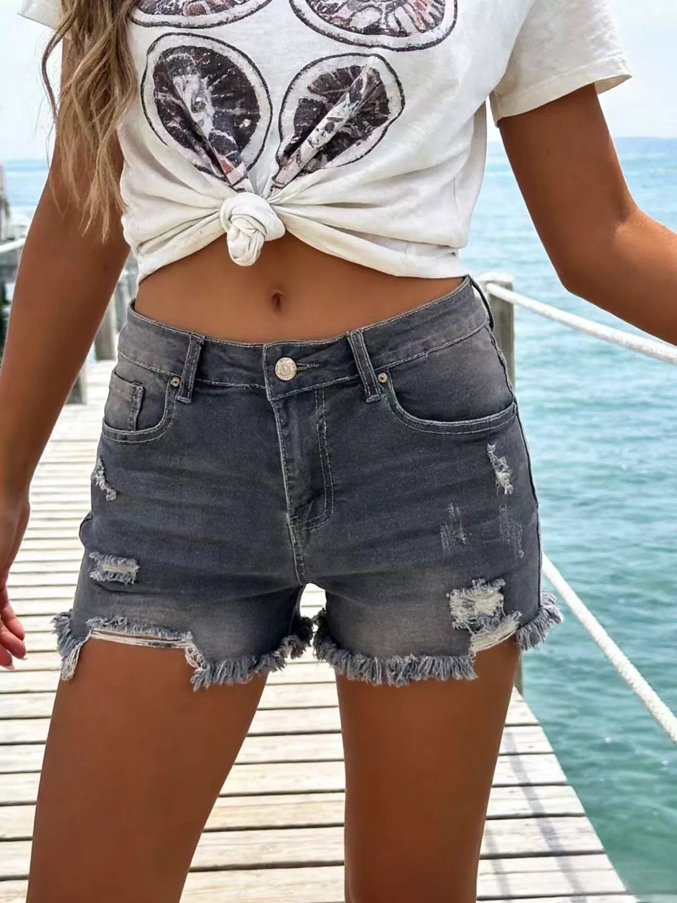 Distressed Frayed Hem Denim Shorts - Be Bliss Boutique